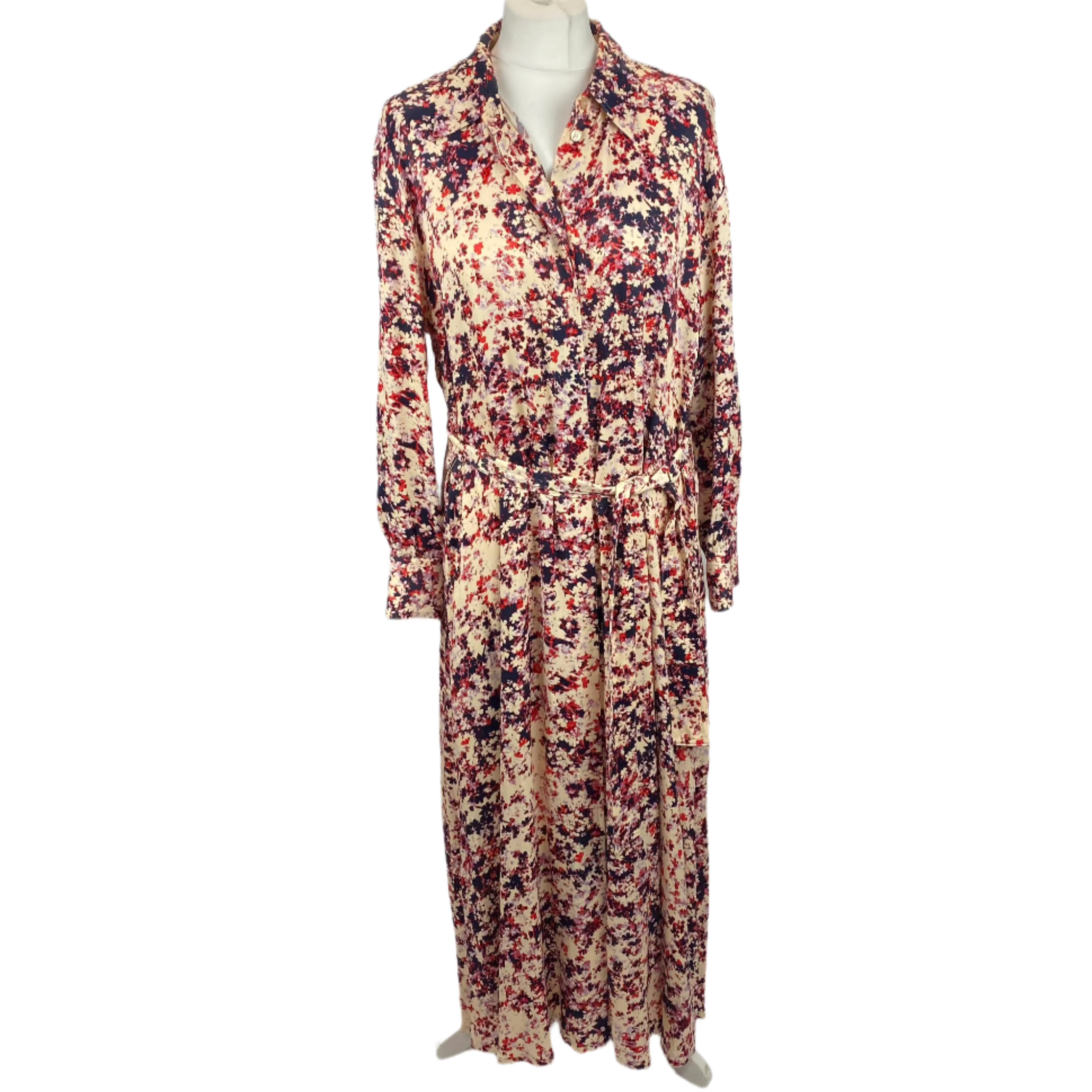 Hugo Boss Cream & Ruby Floral Print Satin Shirtdress L