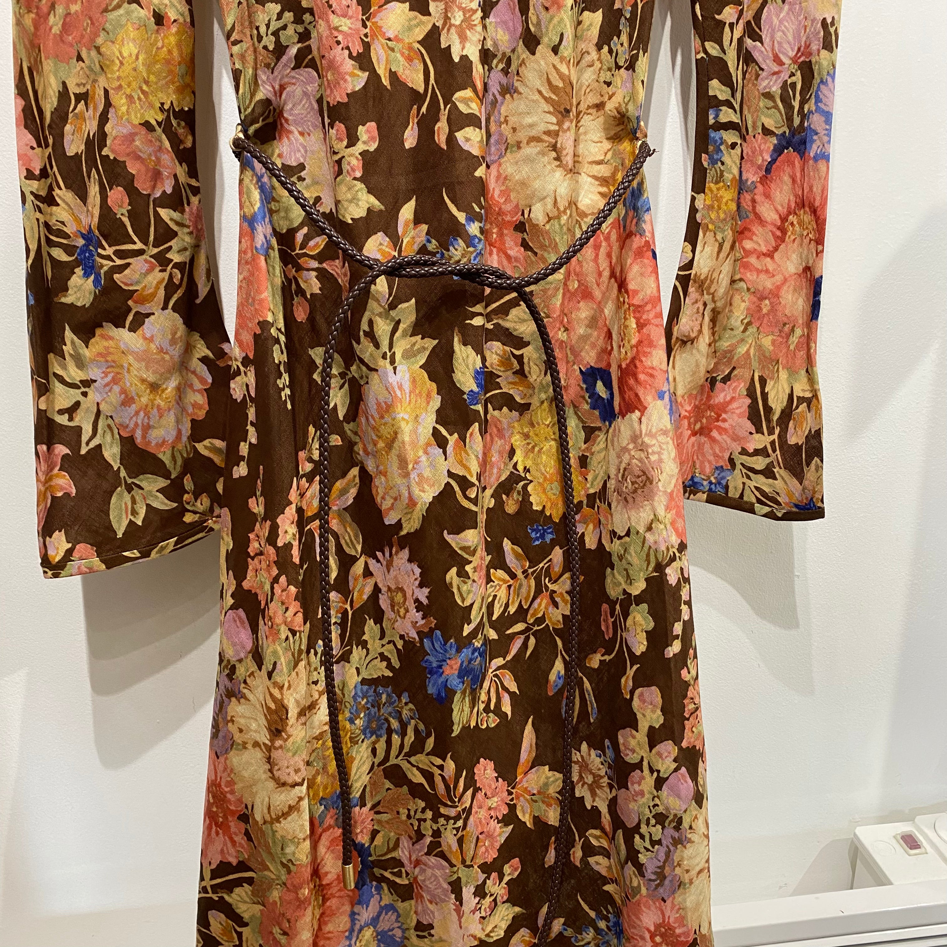 Zimmermann New £695 Chocolate Floral Linen Maxi Dress S