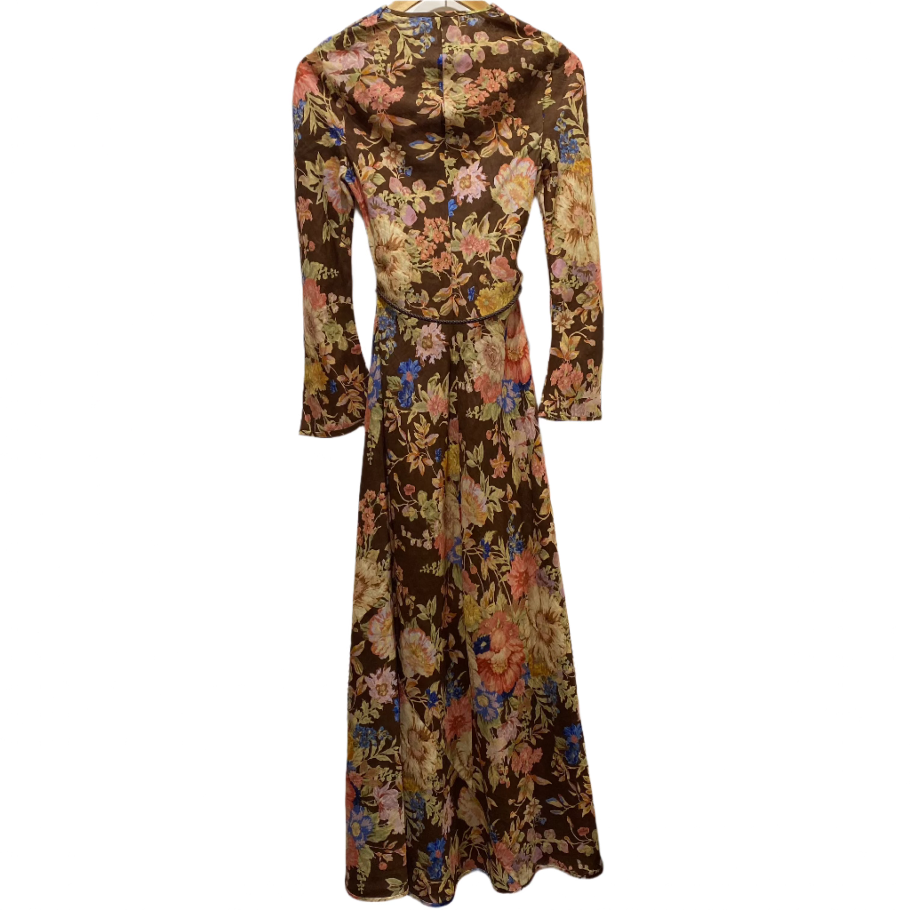 Zimmermann New £695 Chocolate Floral Linen Maxi Dress S