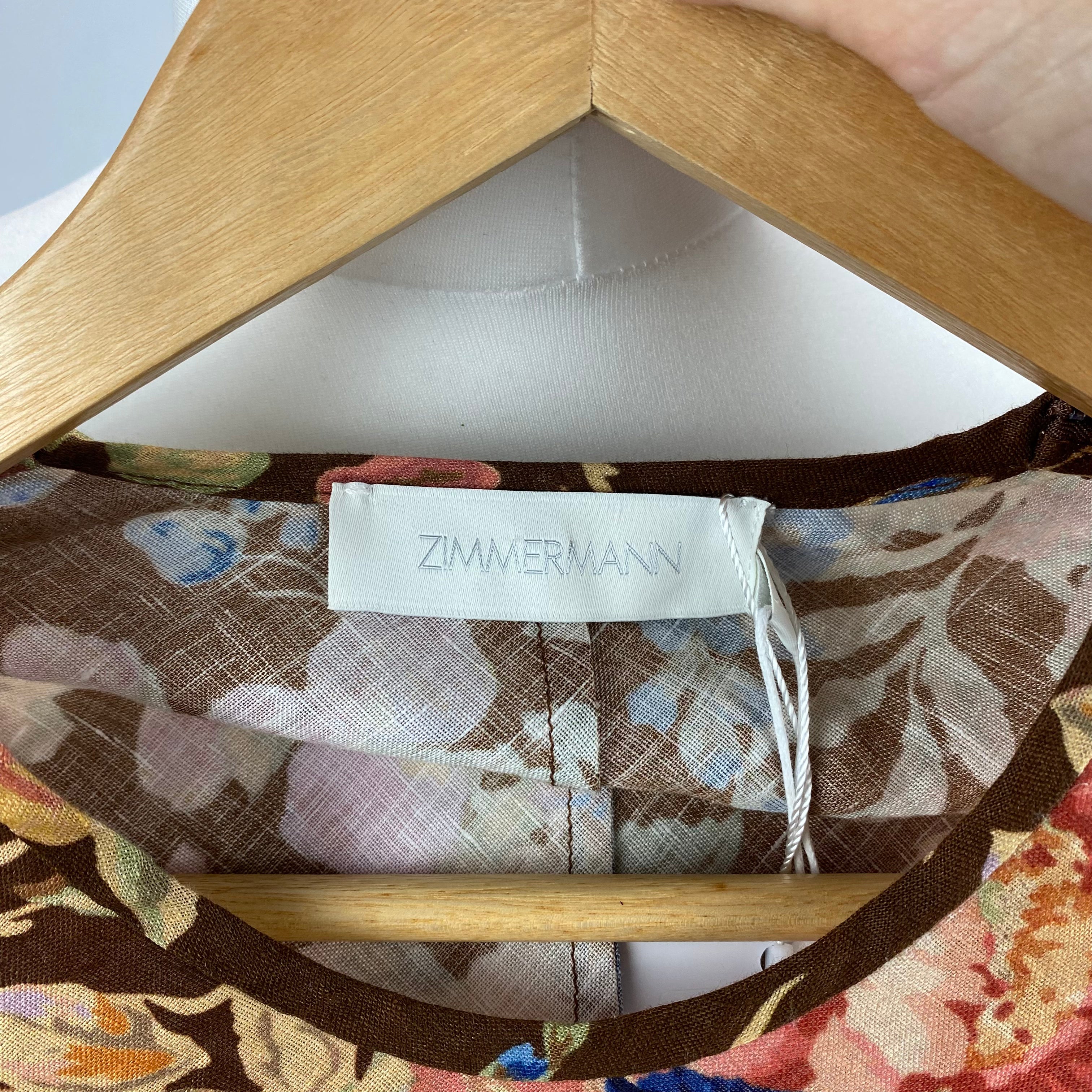 Zimmermann New £695 Chocolate Floral Linen Maxi Dress S