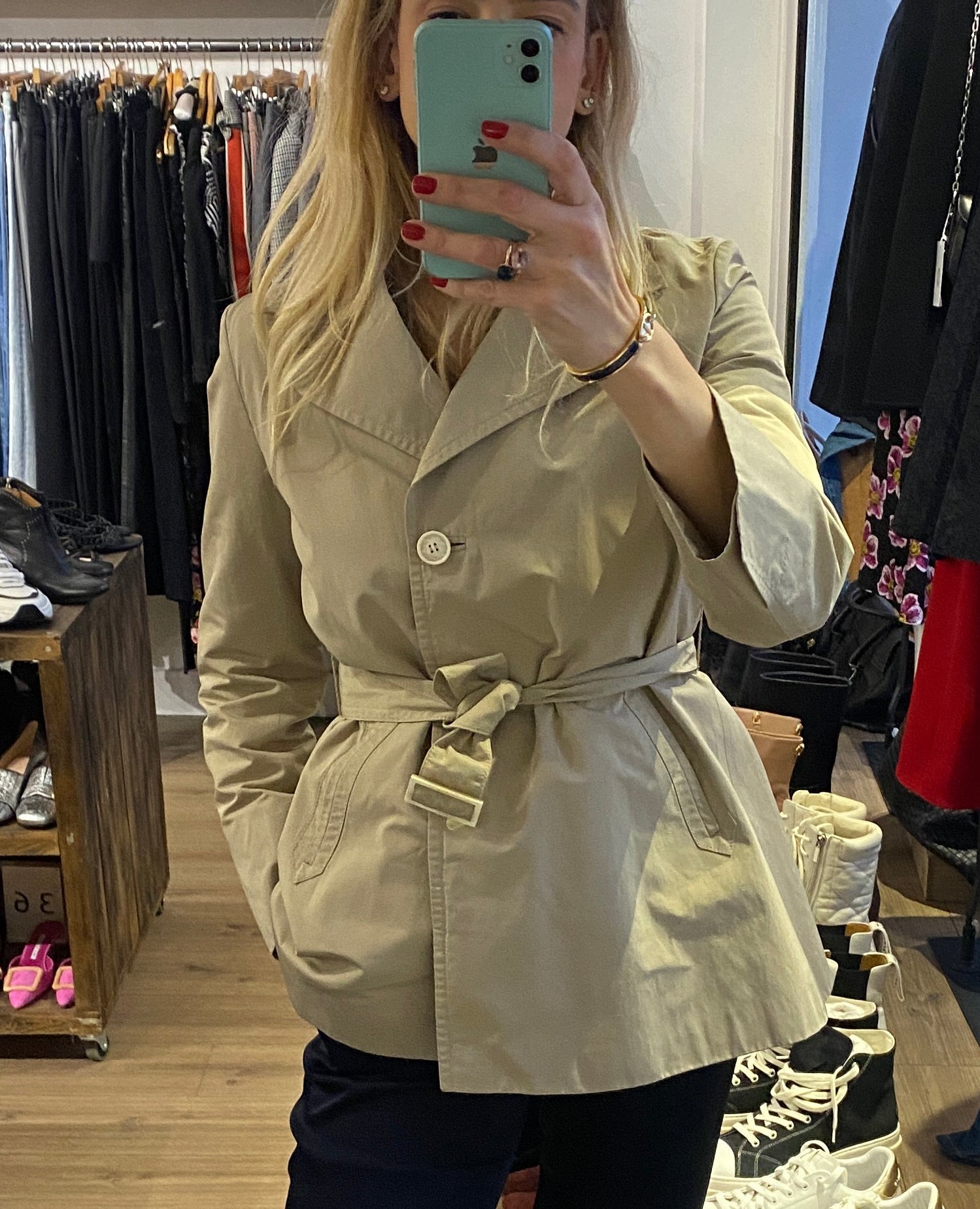 Loro Piana Limestone Storm System Belted Short Trench Coat M