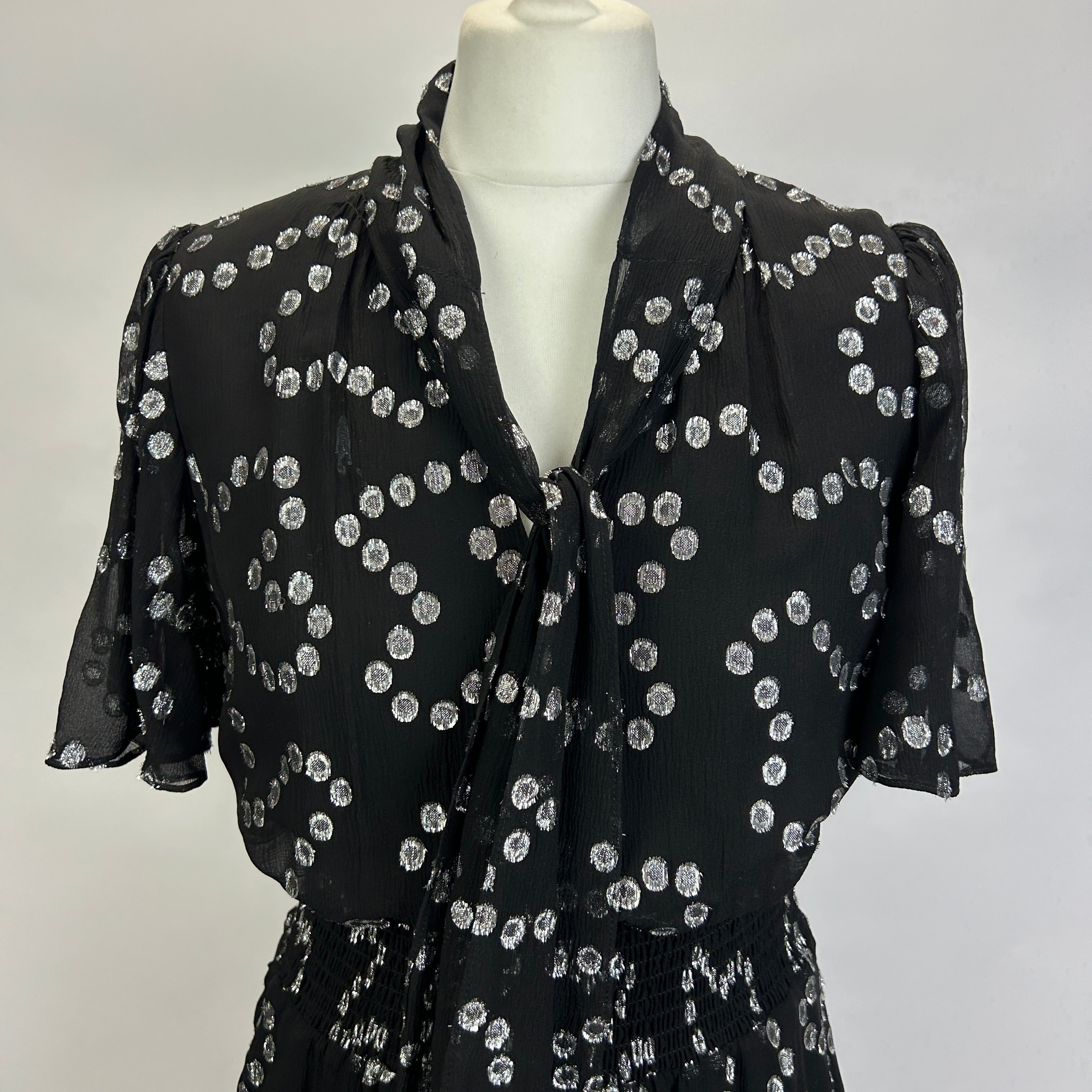 Rebecca Taylor £485 Black & Silver Silk Chiffon Maxi Dress XS/S