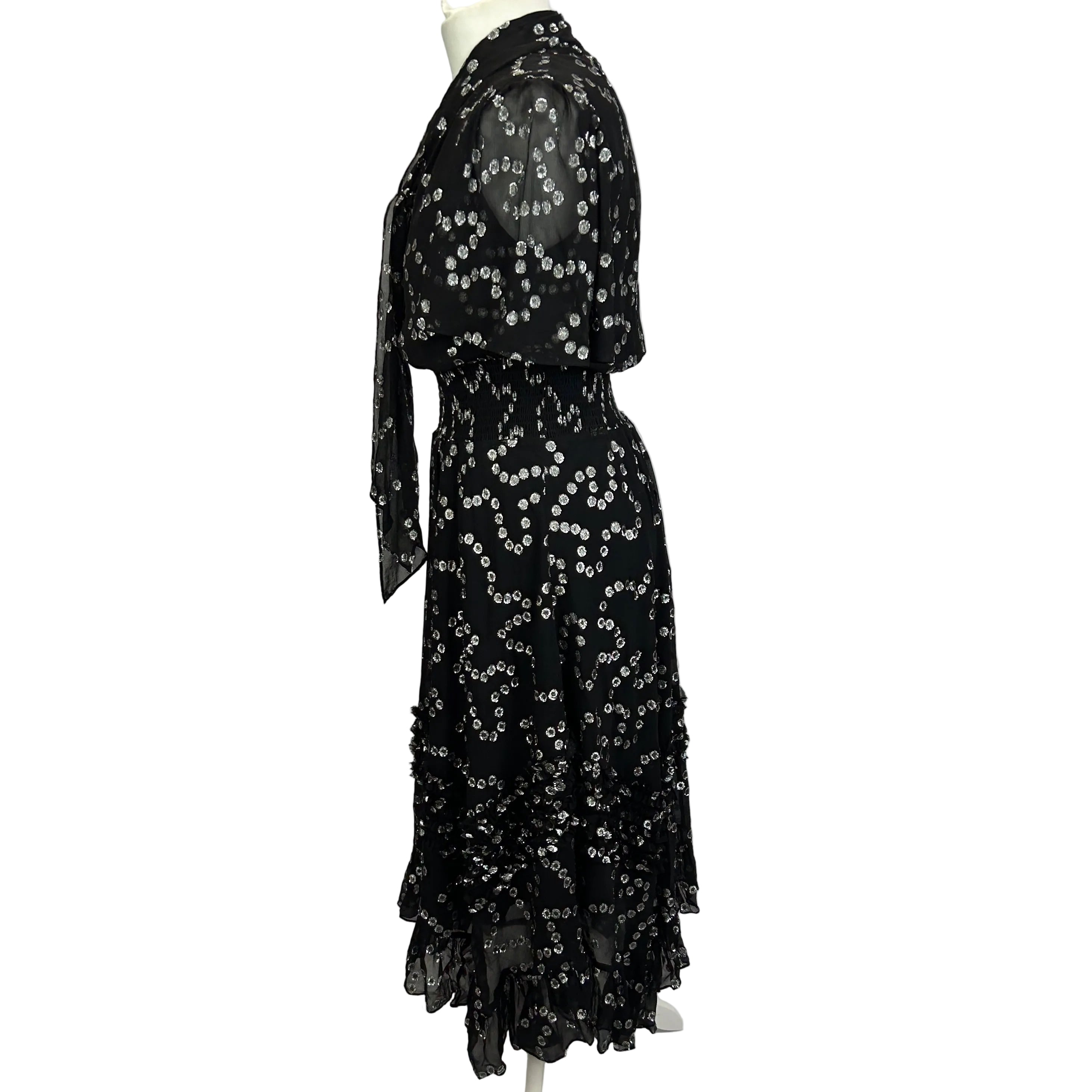Rebecca Taylor £485 Black & Silver Silk Chiffon Maxi Dress XS/S