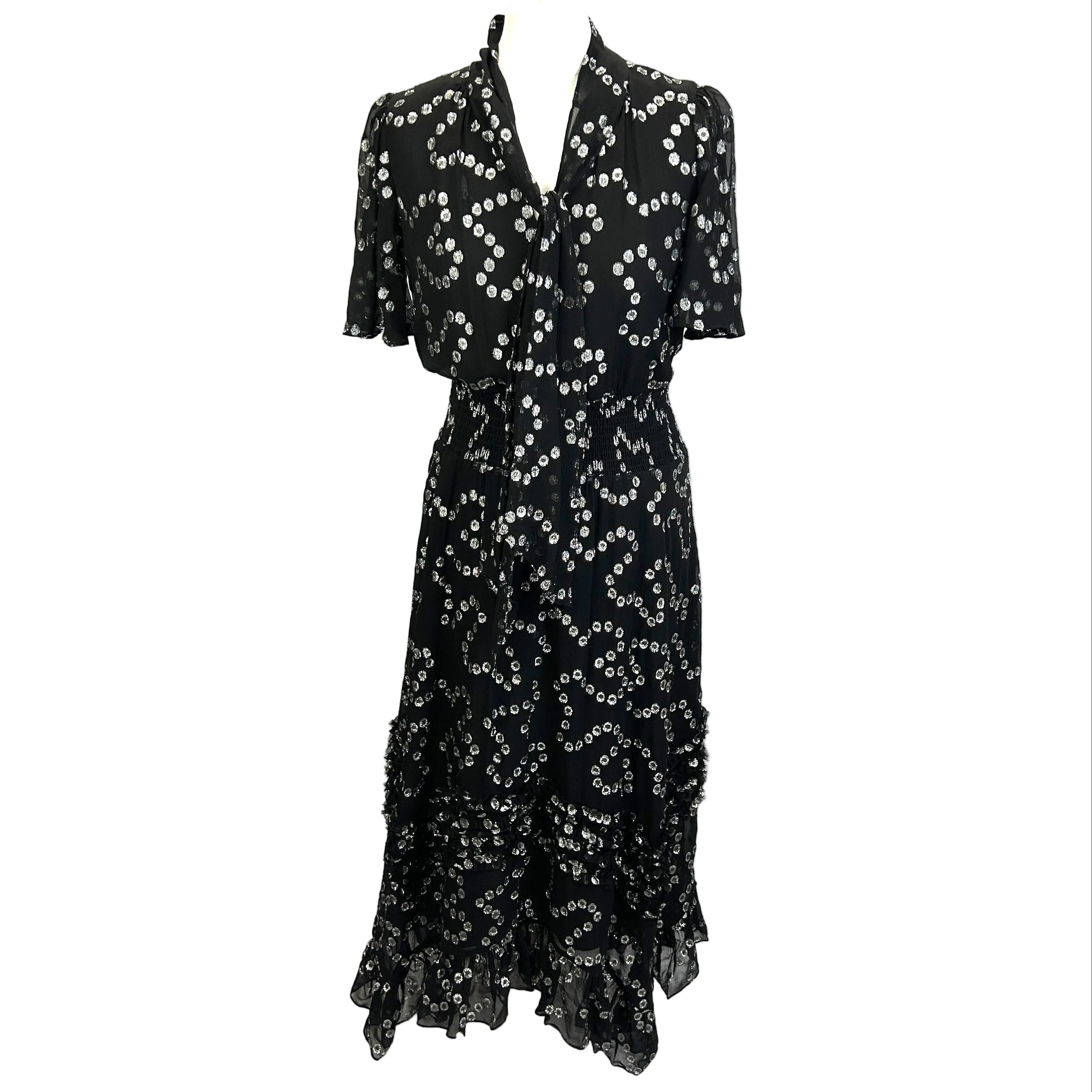 Rebecca Taylor £485 Black & Silver Silk Chiffon Maxi Dress XS/S