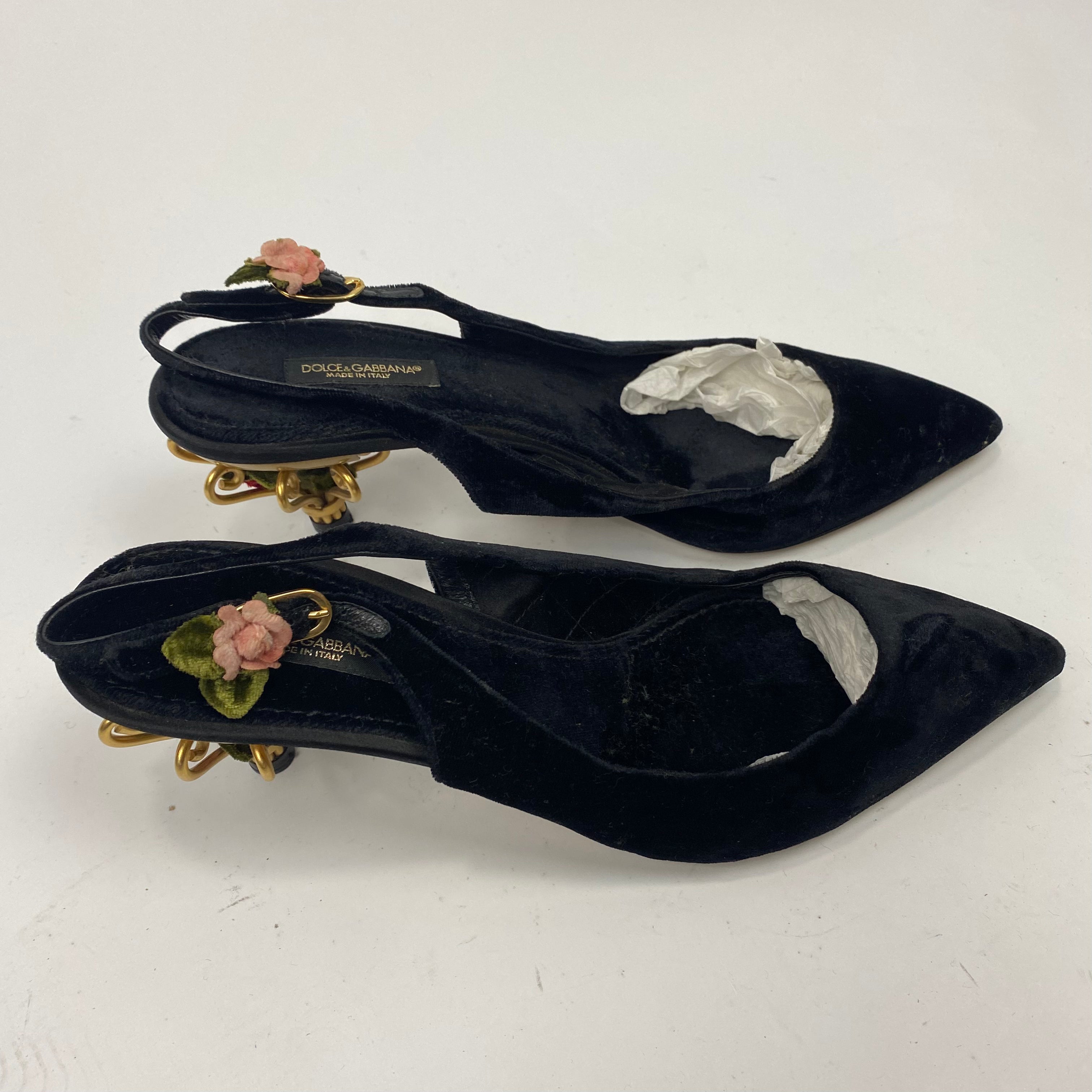 Dolce & Gabbana Black Velvet Cage Kitten Heels 38
