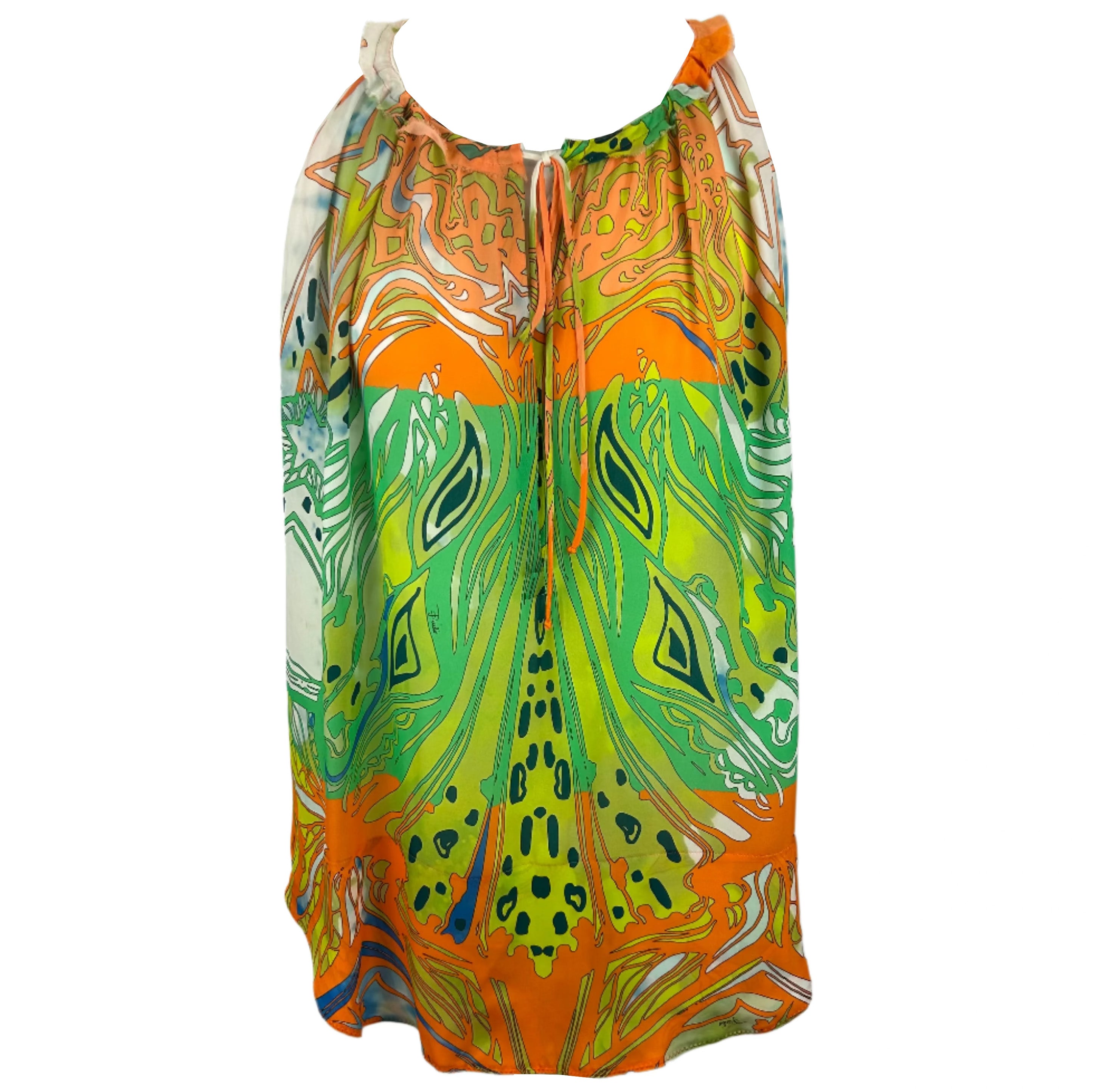 Emilio Pucci Orange & Green Print Silk Sleeveless Top L