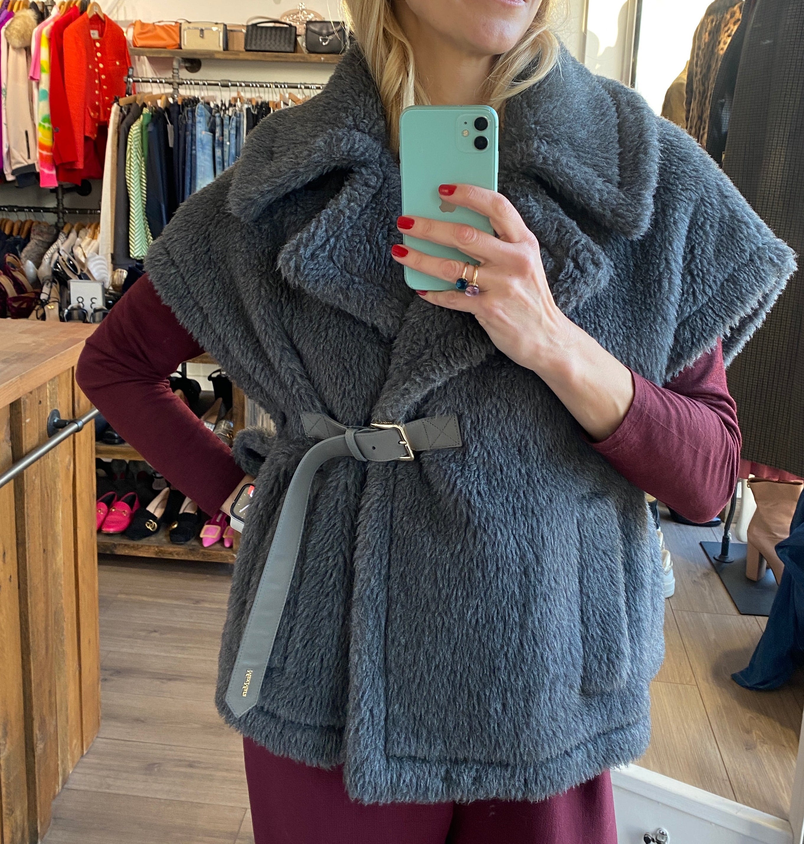 Max Mara £1200 Grey Alpaca & Cashmere Teddy Gilet Cape S/M