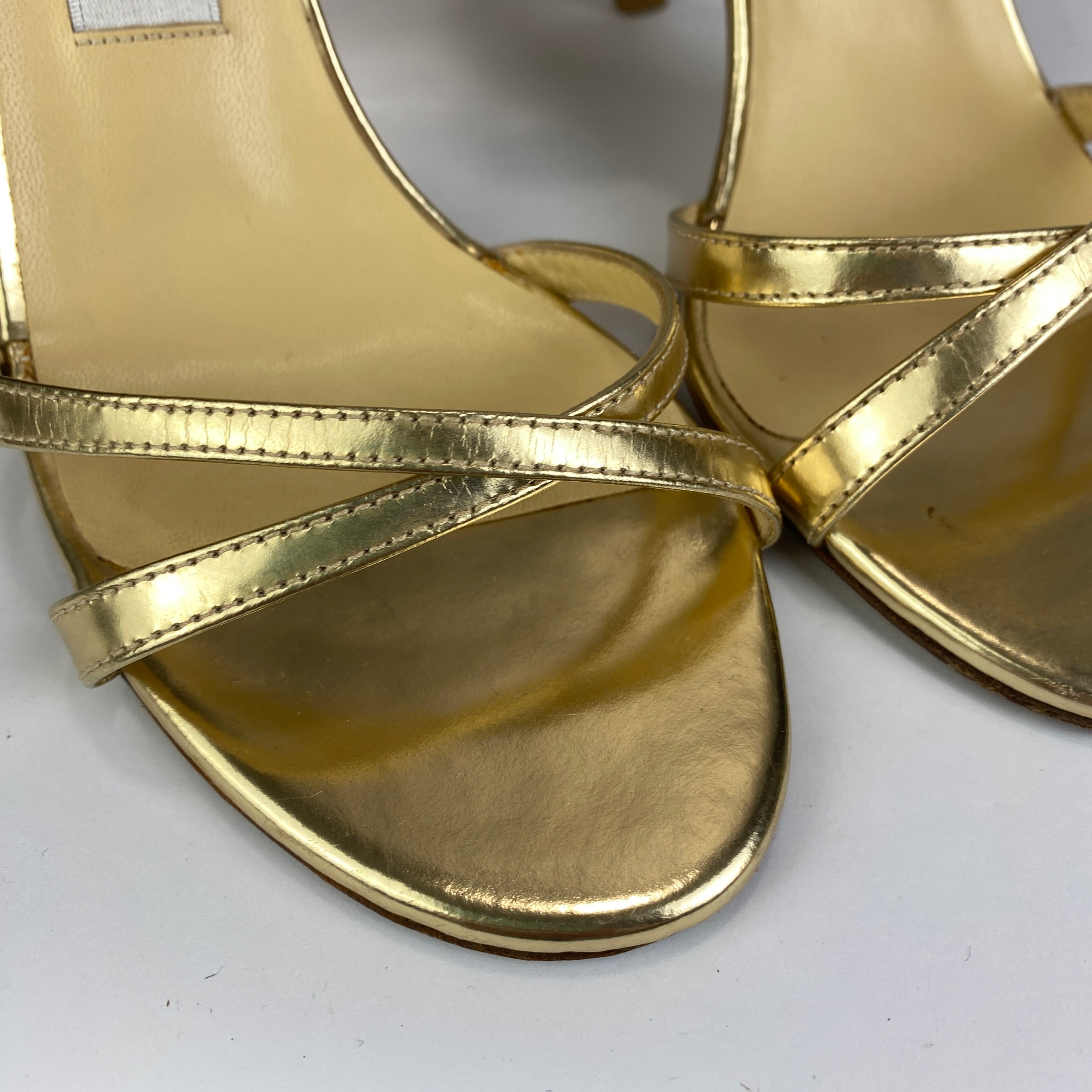 Jimmy Choo Gold Foil Criss Cross Ankle Strap Sandals 38