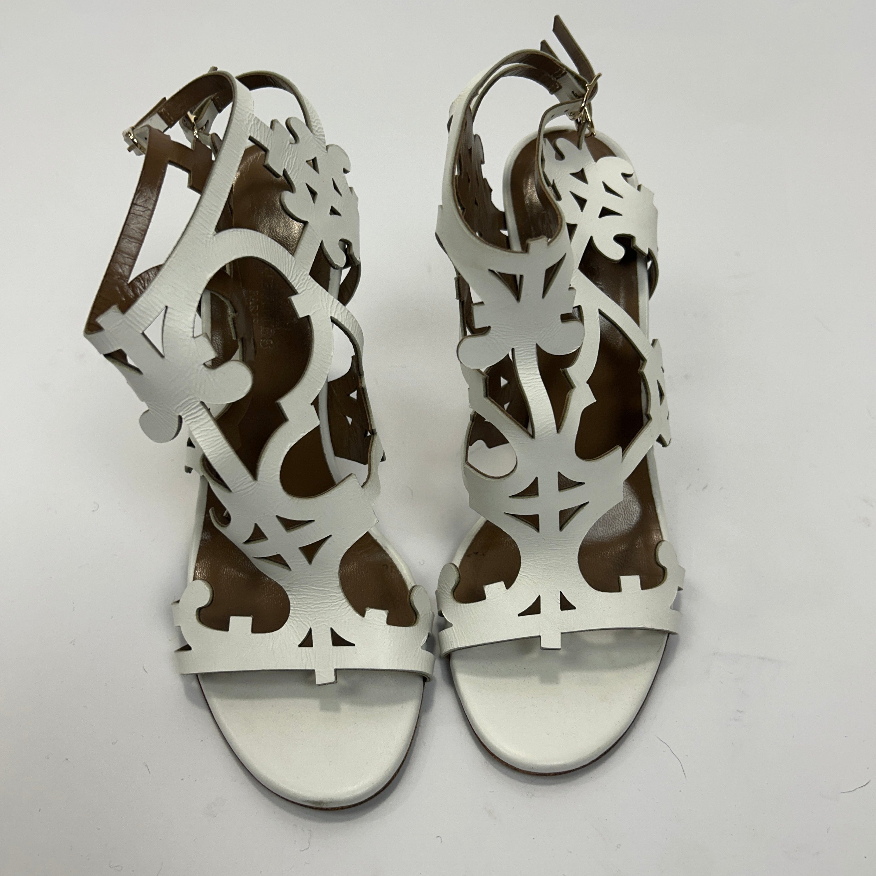 Hermes Ivory Lasercut Leather Block Heel Sandals 38