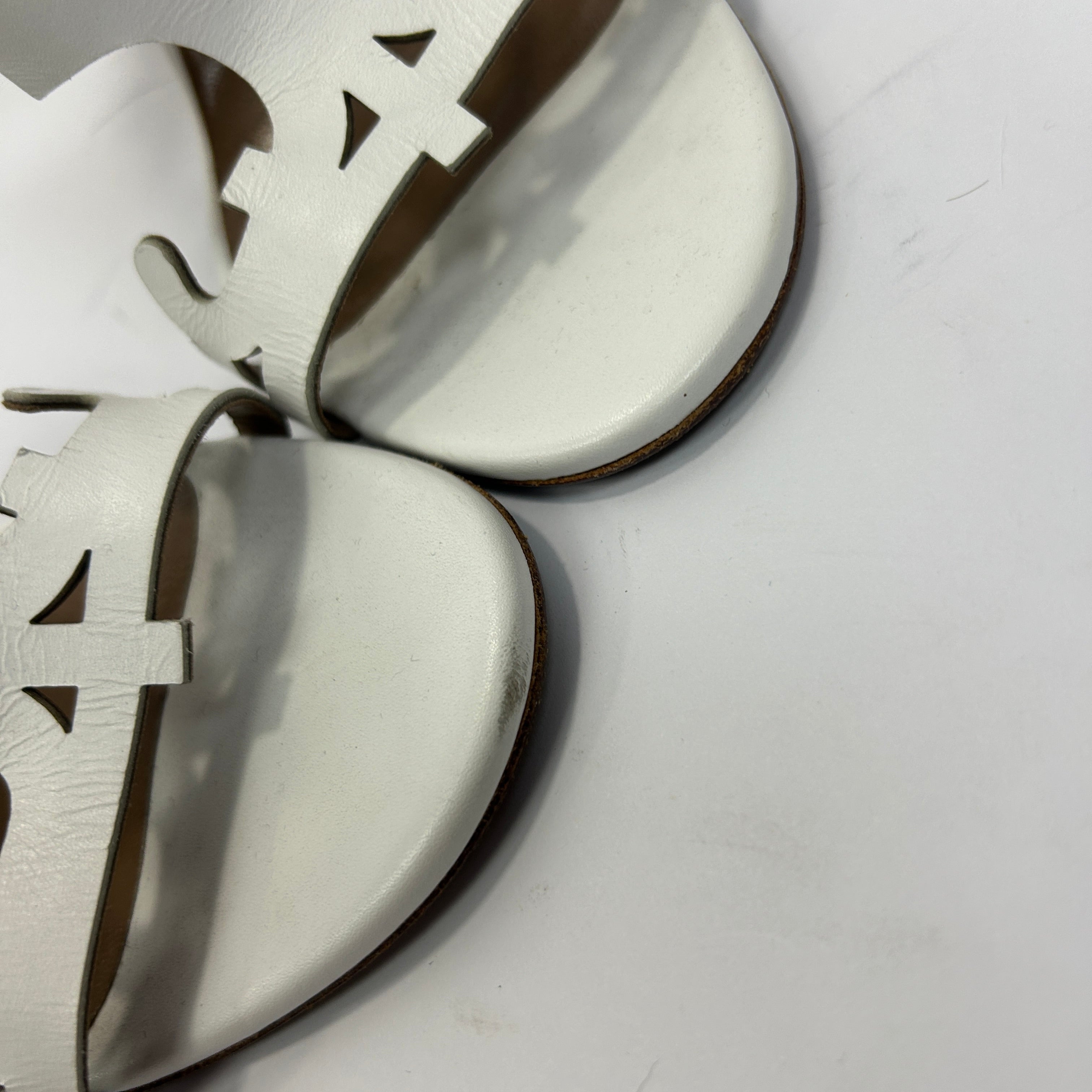 Hermes Ivory Lasercut Leather Block Heel Sandals 38