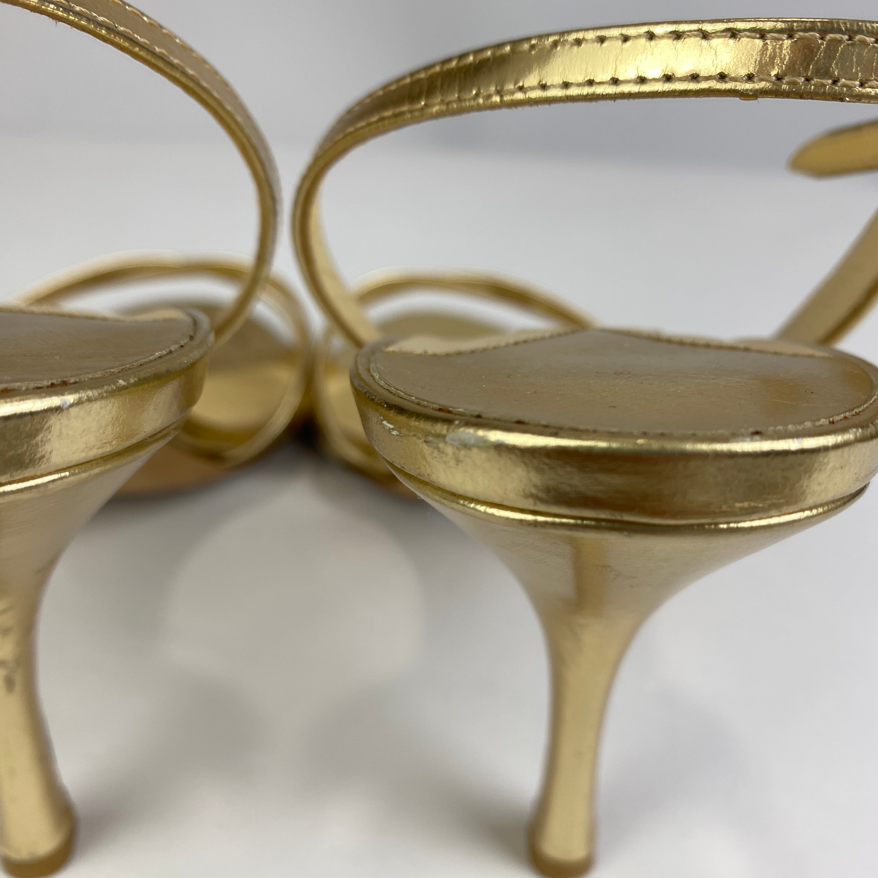 Jimmy Choo Gold Foil Criss Cross Ankle Strap Sandals 38