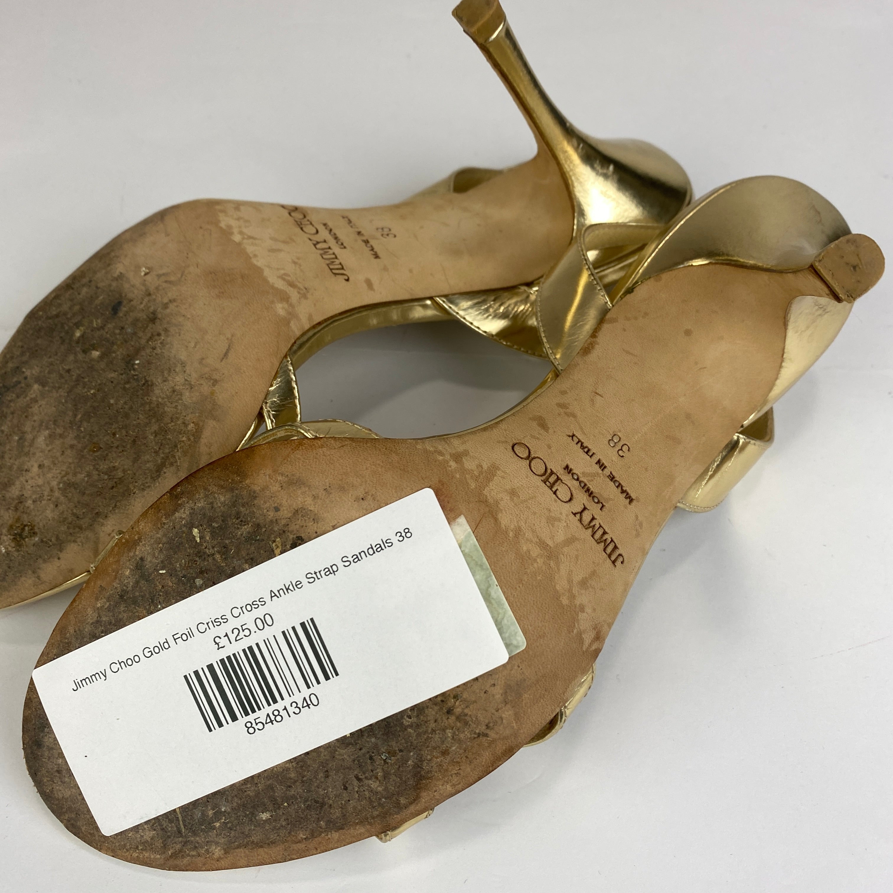 Jimmy Choo Gold Foil Criss Cross Ankle Strap Sandals 38