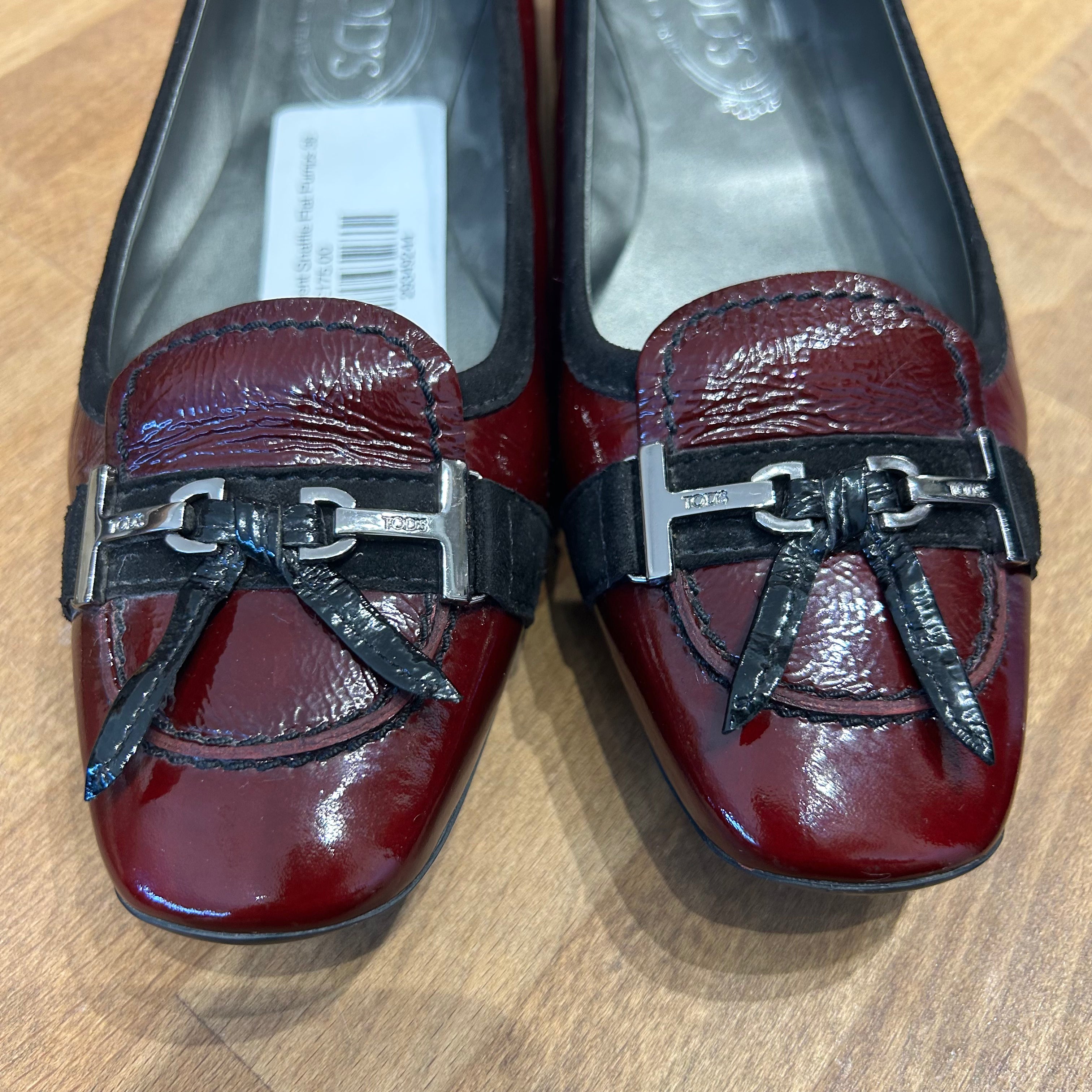 Tod's Burgundy Patent Snaffle Flat Pumps 38