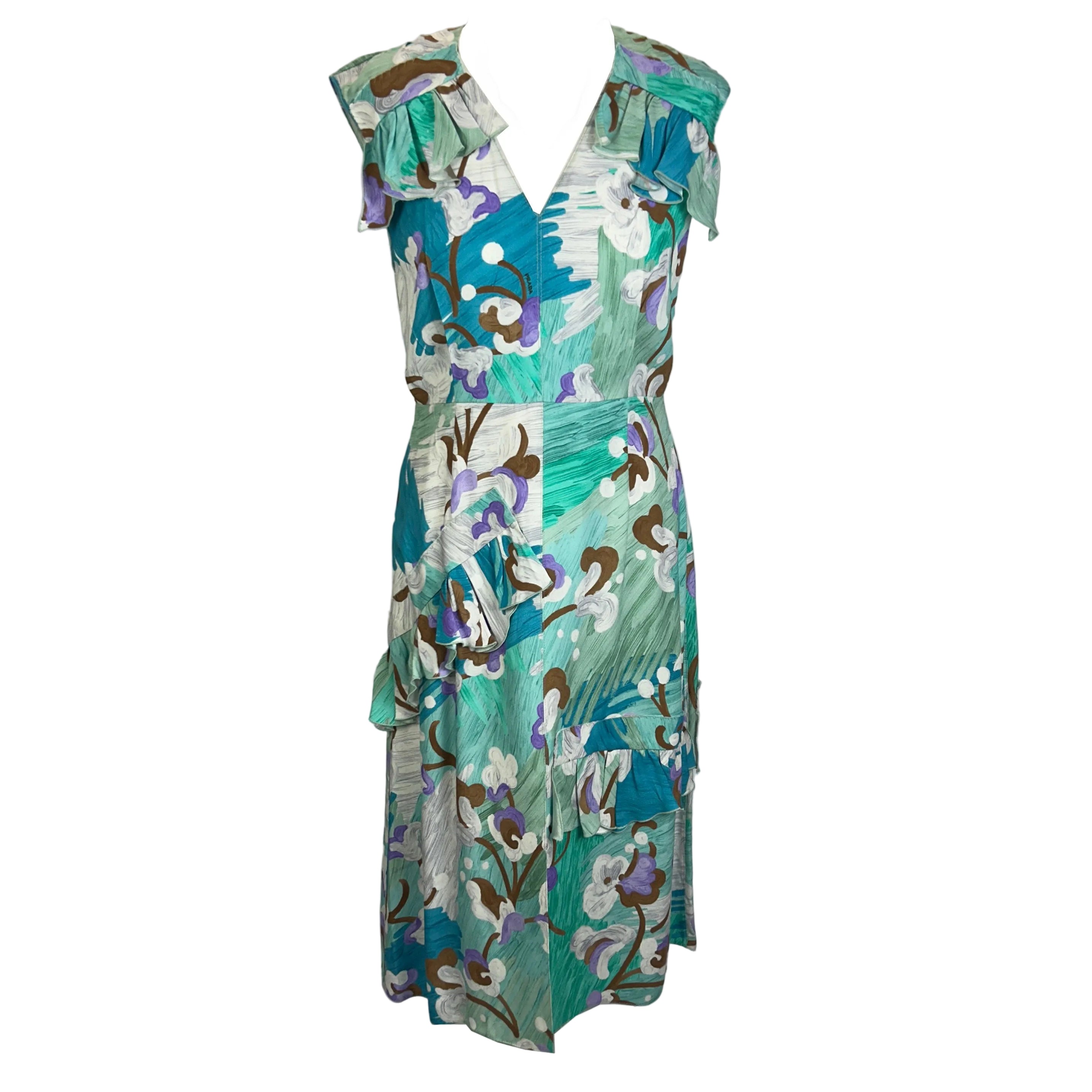 Prada Green & Aqua Print Crepe Midi Dress XS