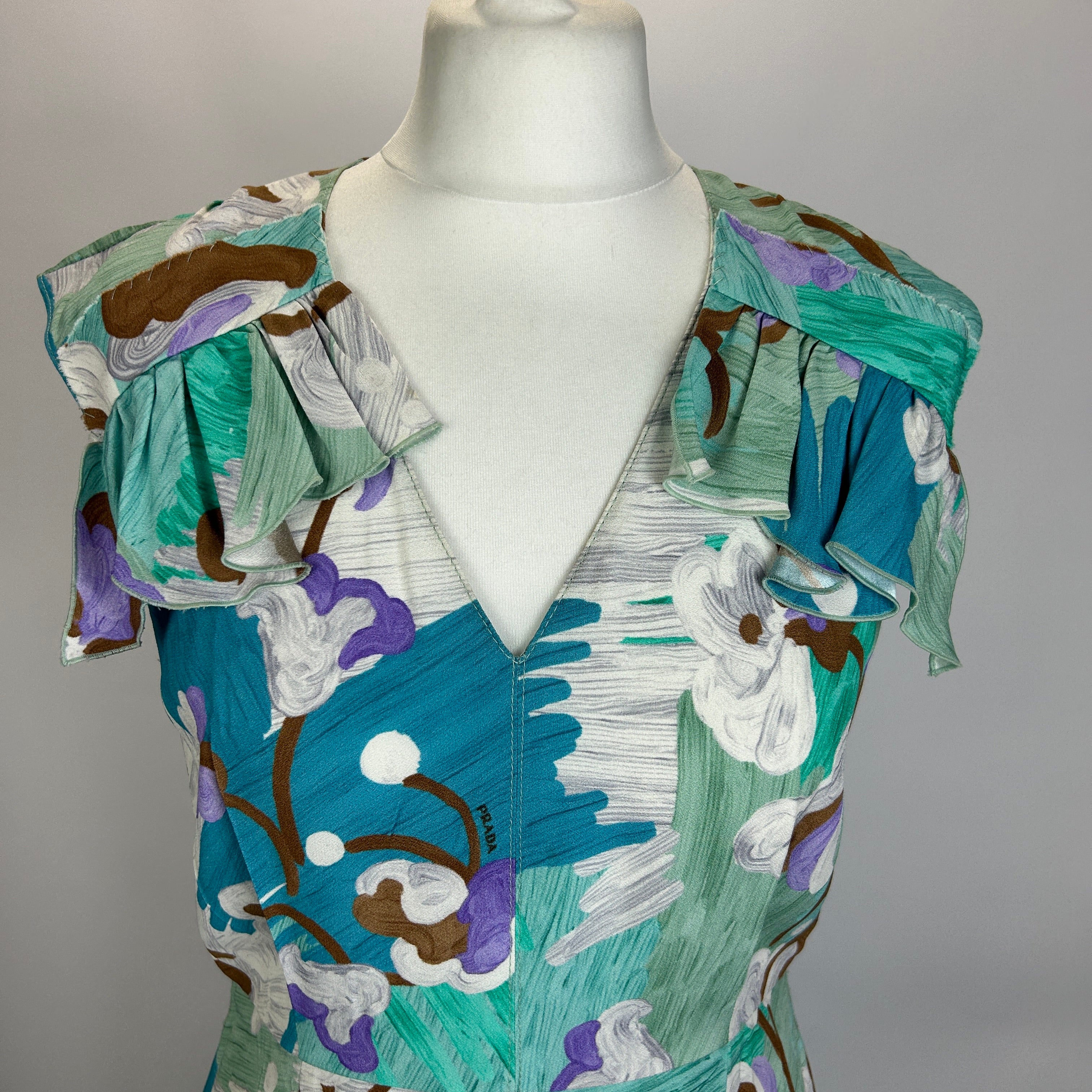 Prada Green & Aqua Print Crepe Midi Dress XS