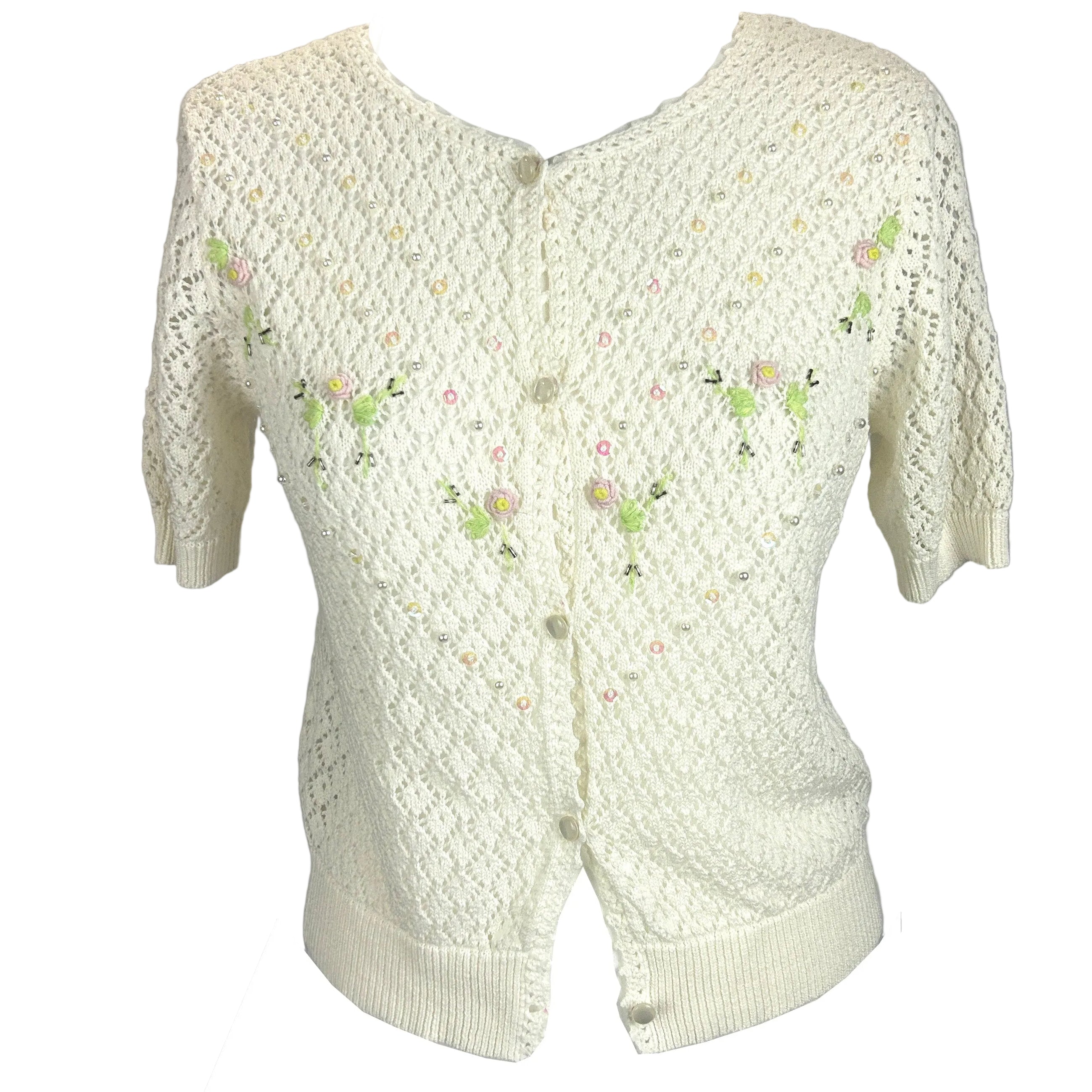 Paul & Joe Cream Cotton Lace Knit Beaded Cardigan M