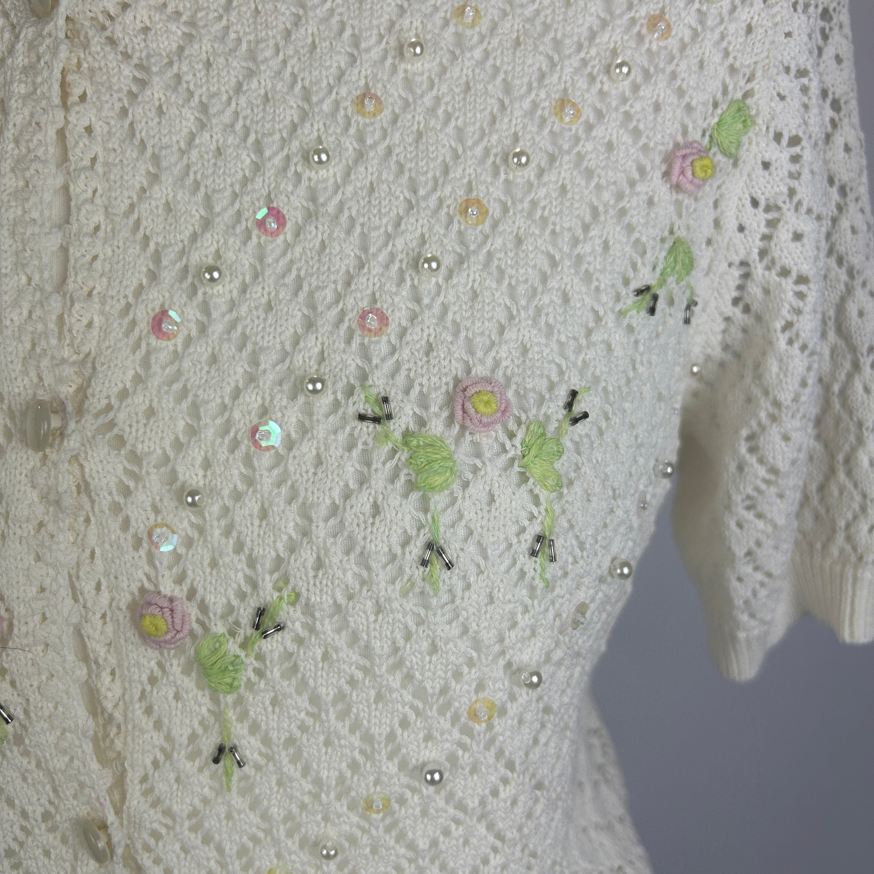 Paul & Joe Cream Cotton Lace Knit Beaded Cardigan M