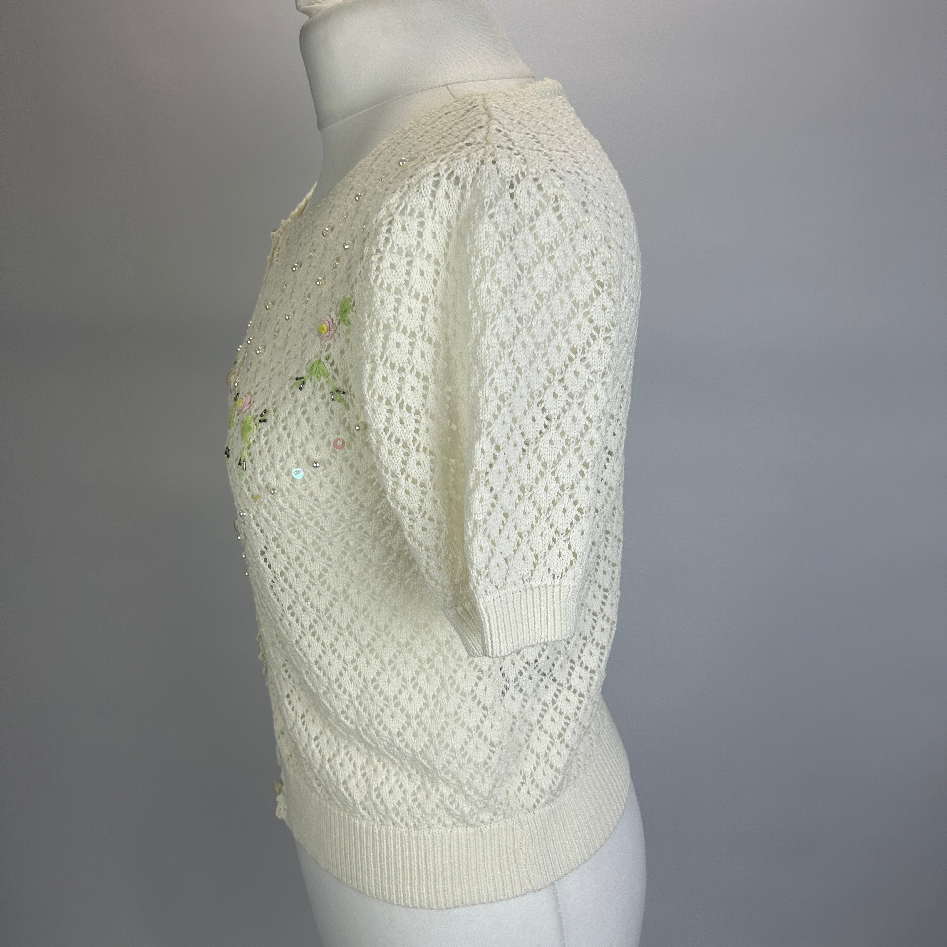 Paul & Joe Cream Cotton Lace Knit Beaded Cardigan M