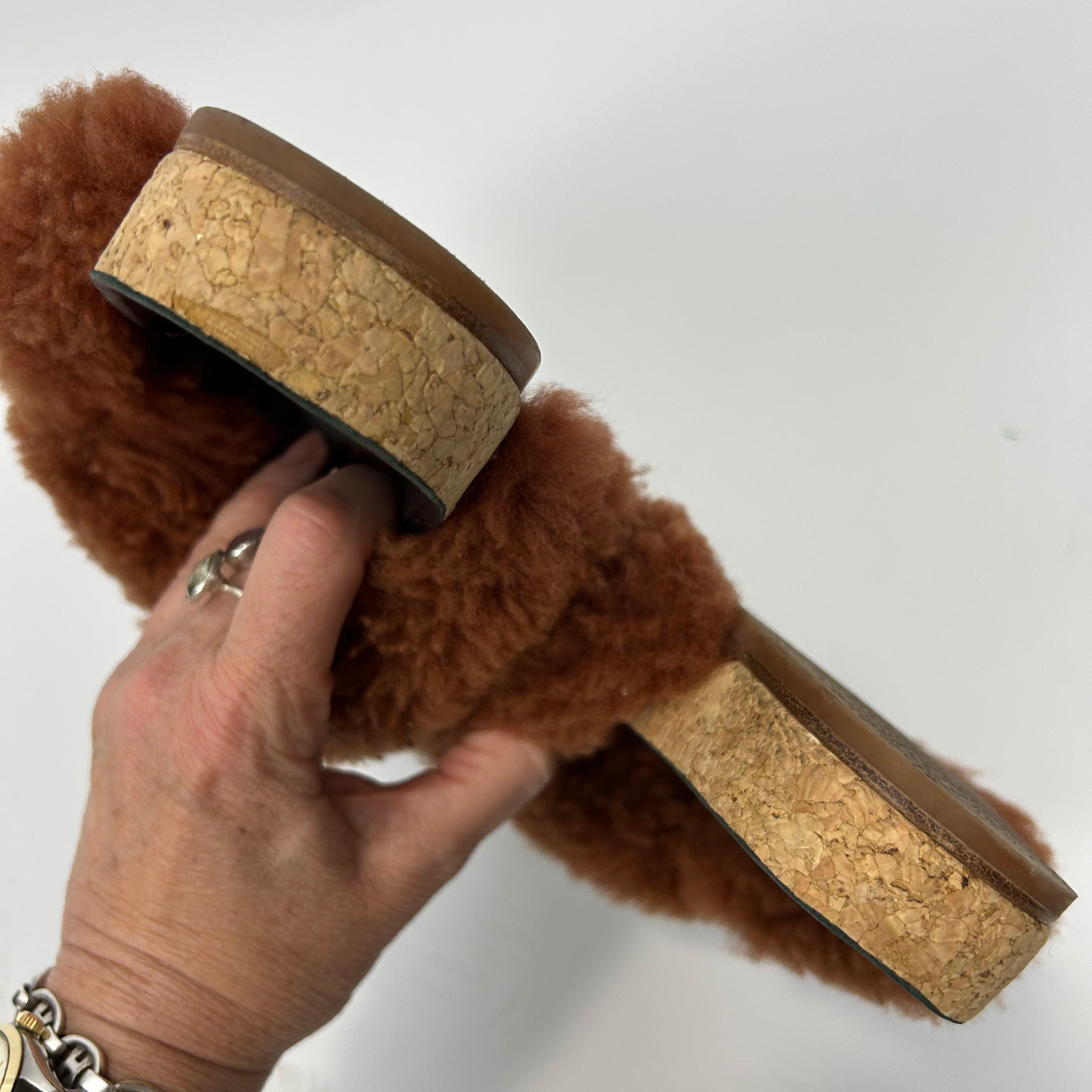 Chloe Cinammon Sheepskin Flatbed Sandals 39