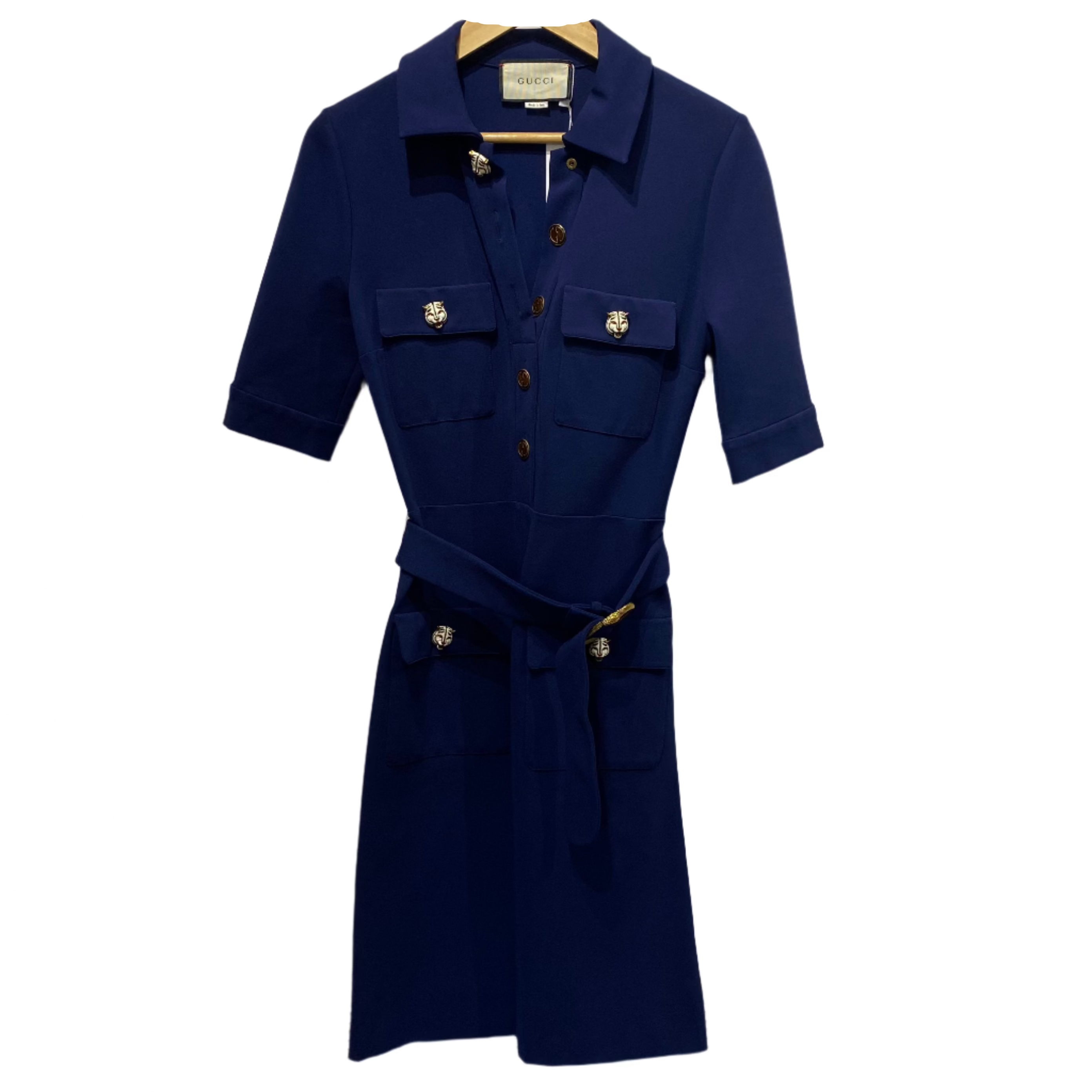 Gucci Navy Tigers Head Stretch Belted Shirt Dress M