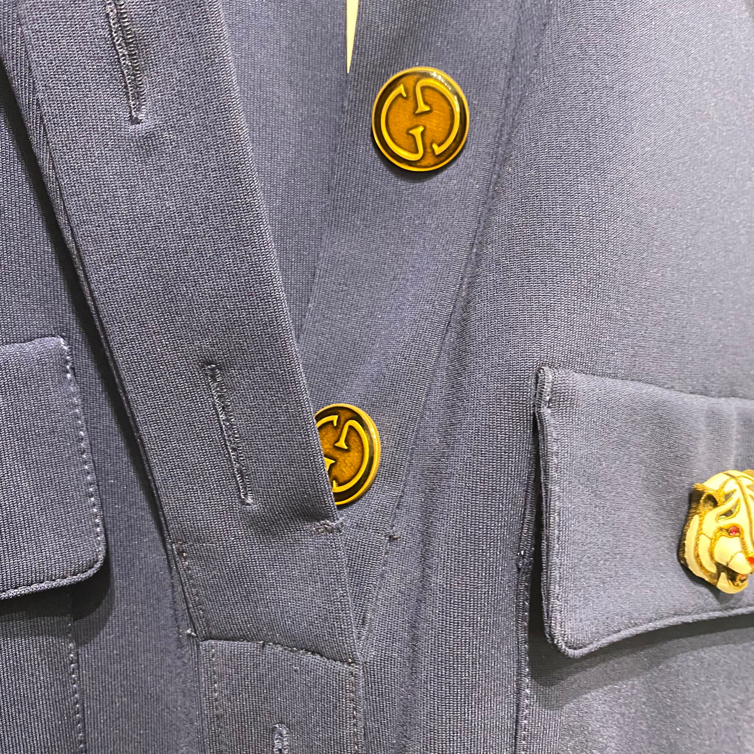 Gucci Navy Tigers Head Stretch Belted Shirt Dress M