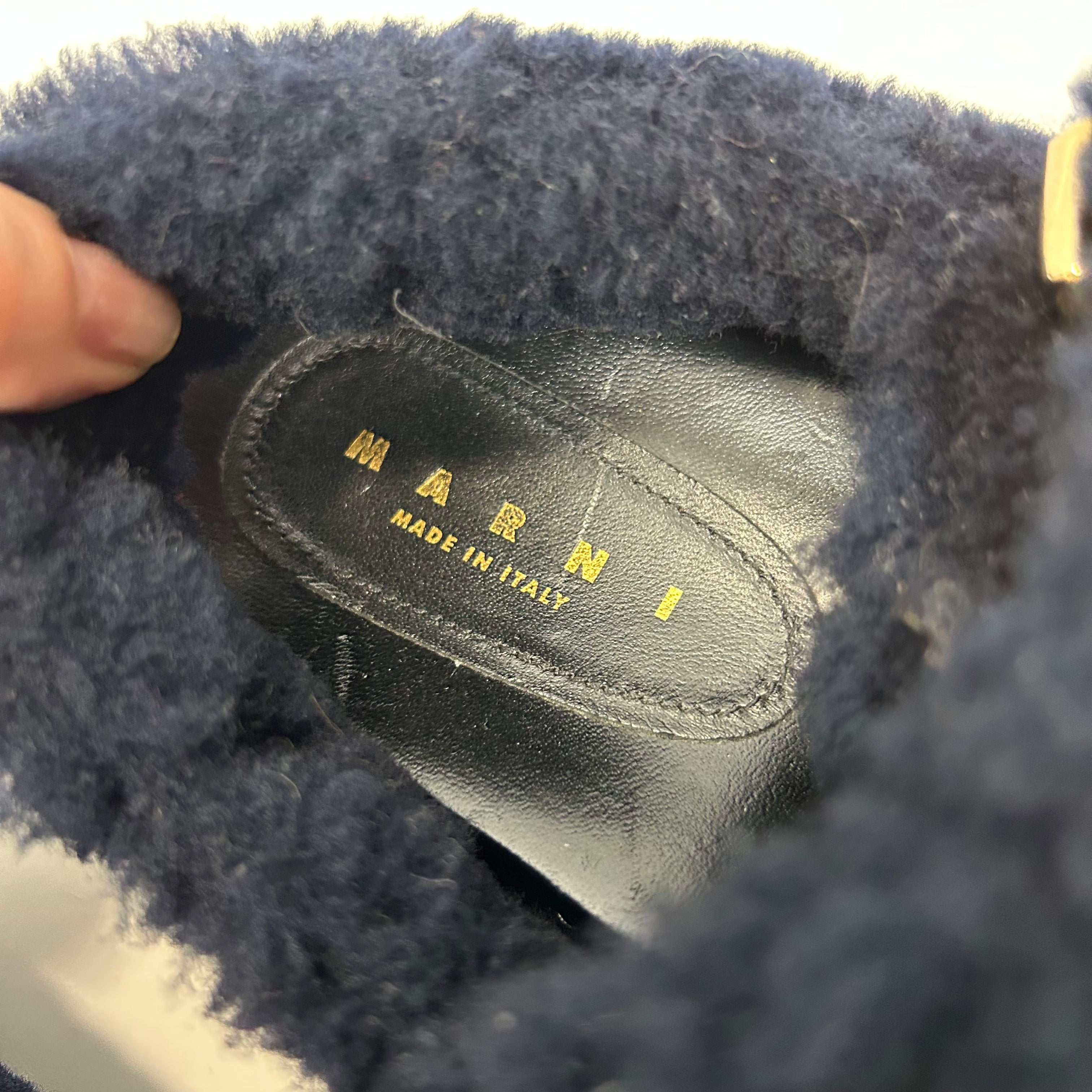 Marni New Navy Sheepskin Flatbed Sandals 37