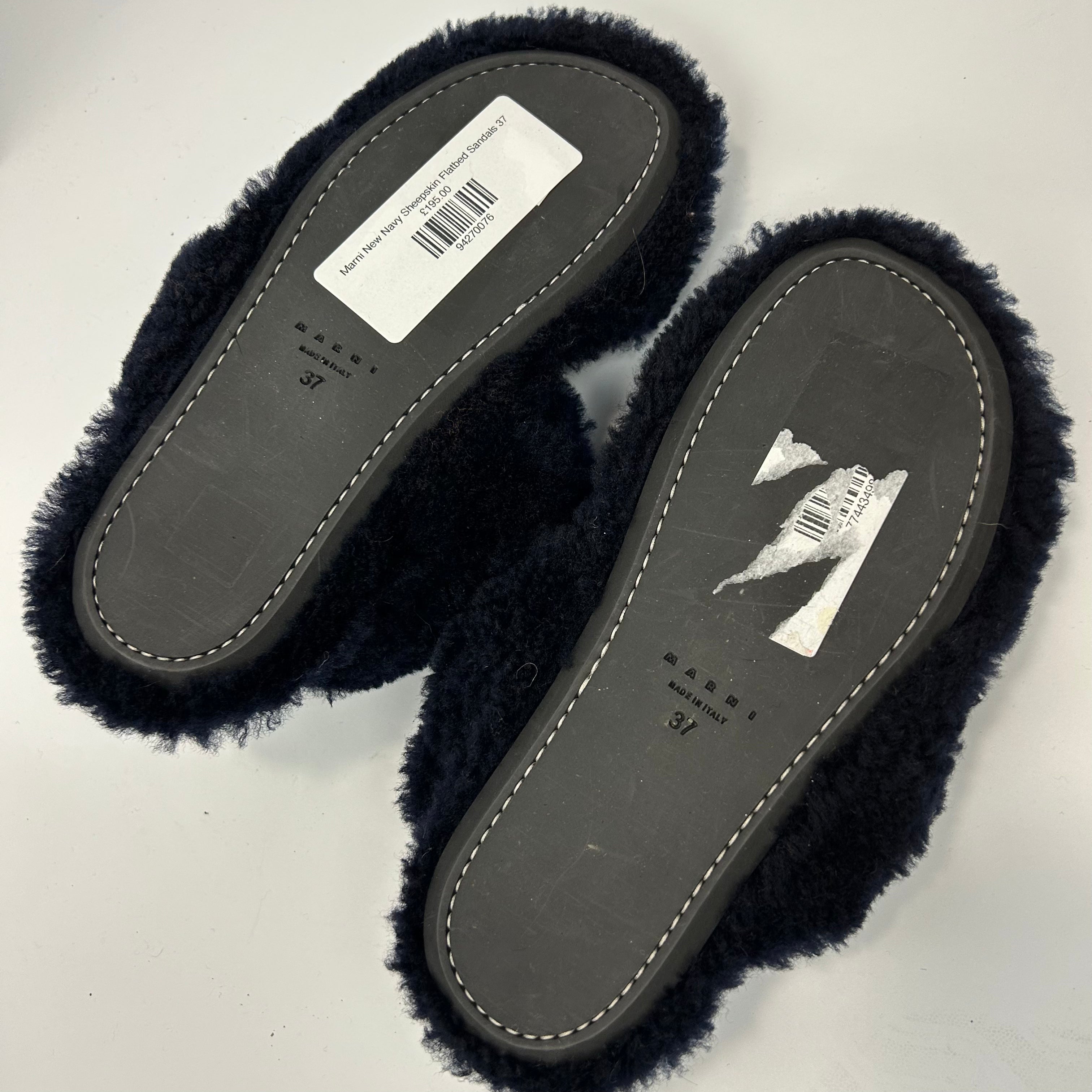 Marni New Navy Sheepskin Flatbed Sandals 37