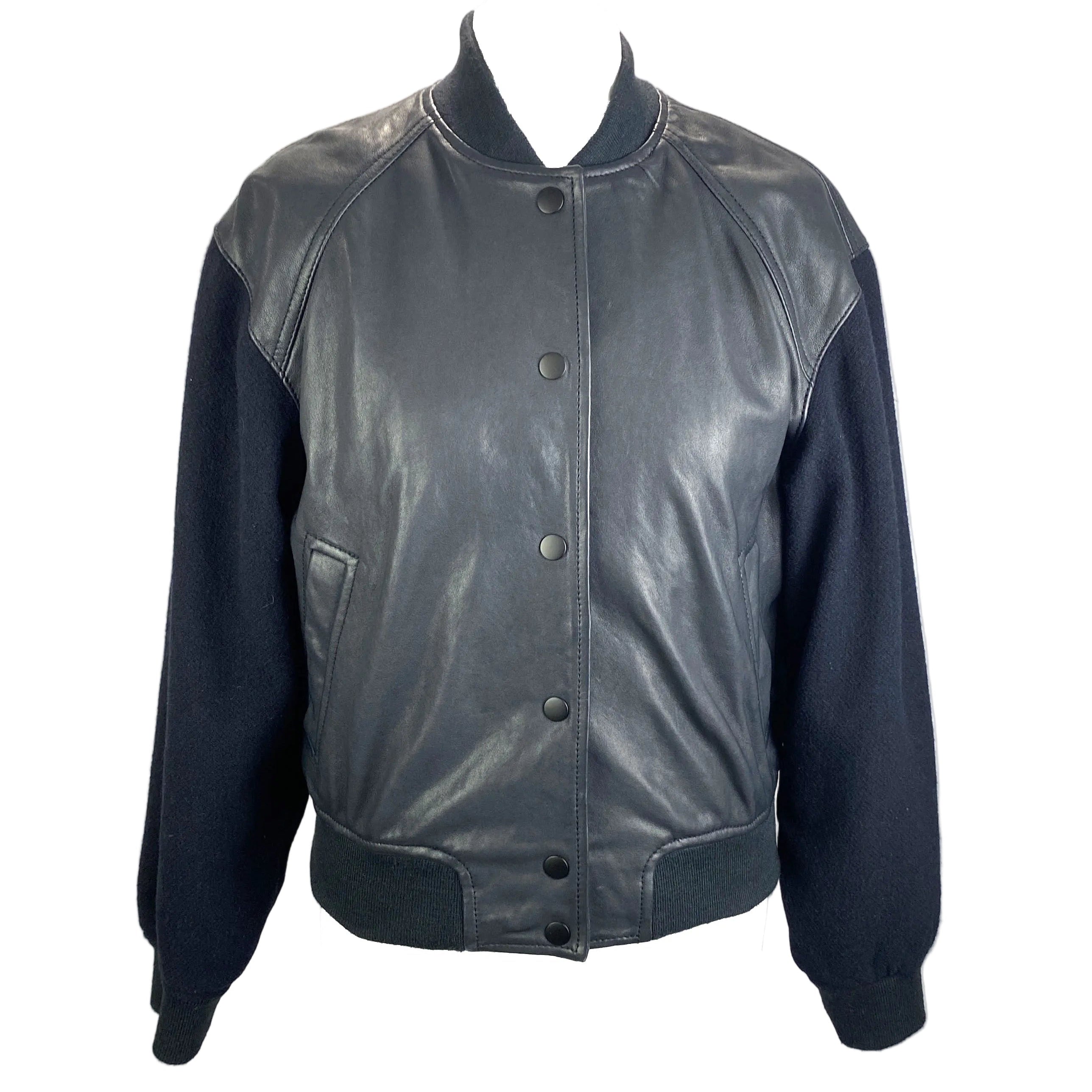 Me&Em Navy Leather Wool Sleeve Bomber Varsity Jacket XS
