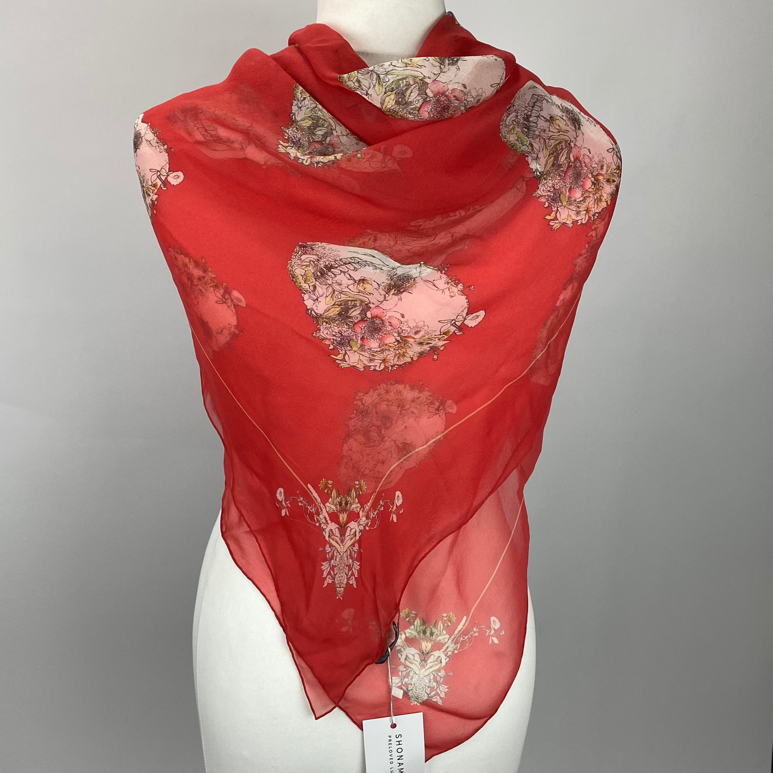 Alexander McQueen Scarlet Floral Skull Silk Chiffon Scarf
