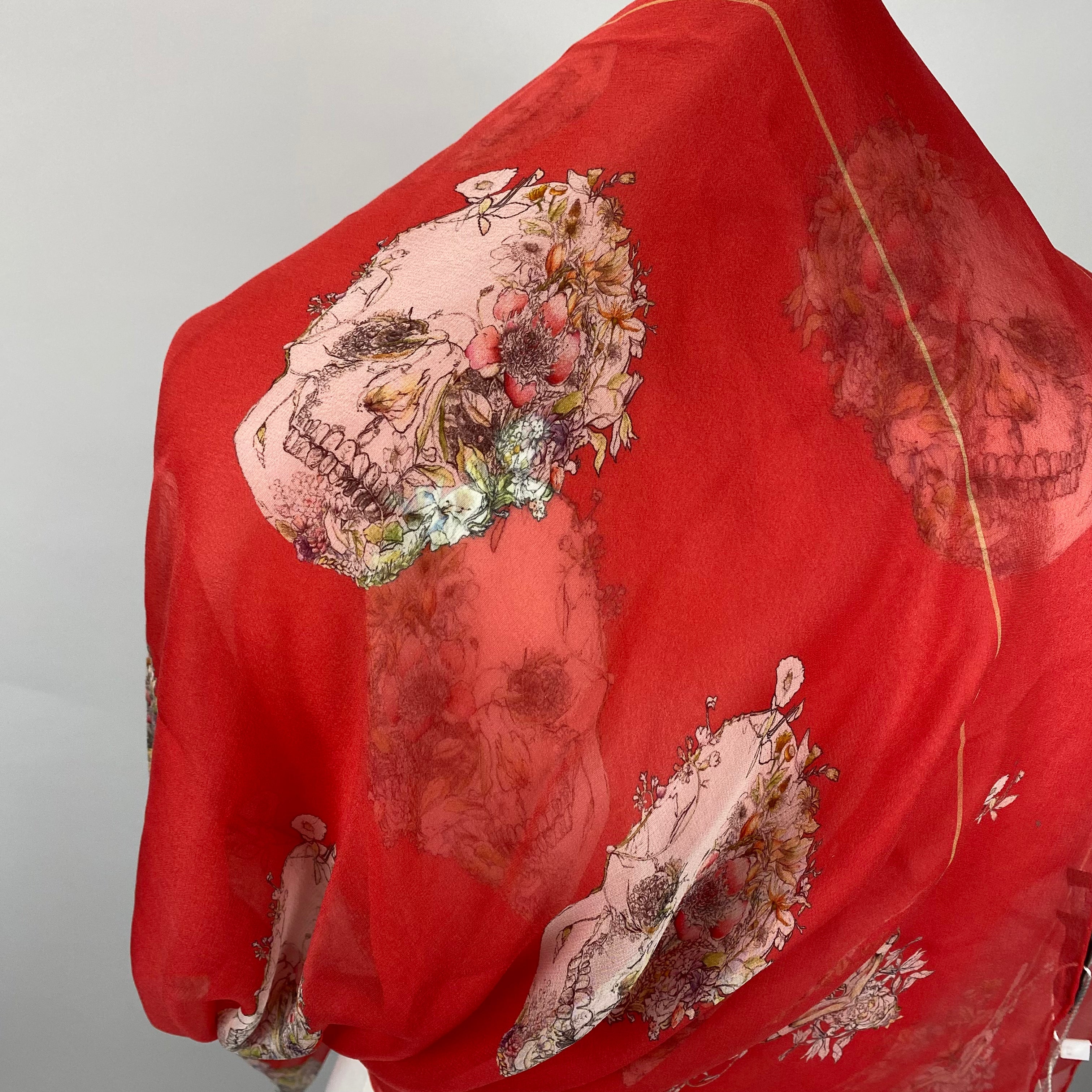 Alexander McQueen Scarlet Floral Skull Silk Chiffon Scarf