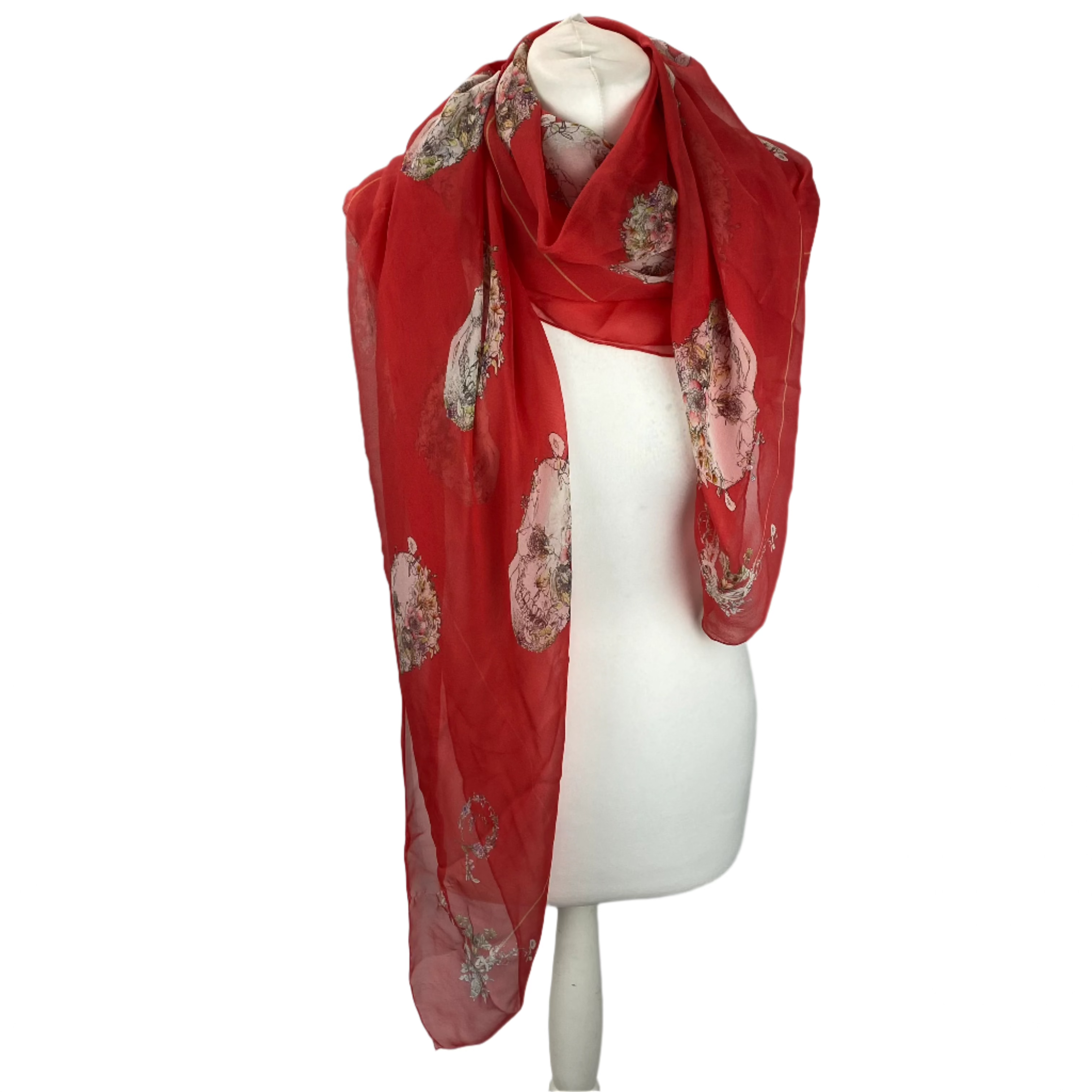 Alexander McQueen Scarlet Floral Skull Silk Chiffon Scarf