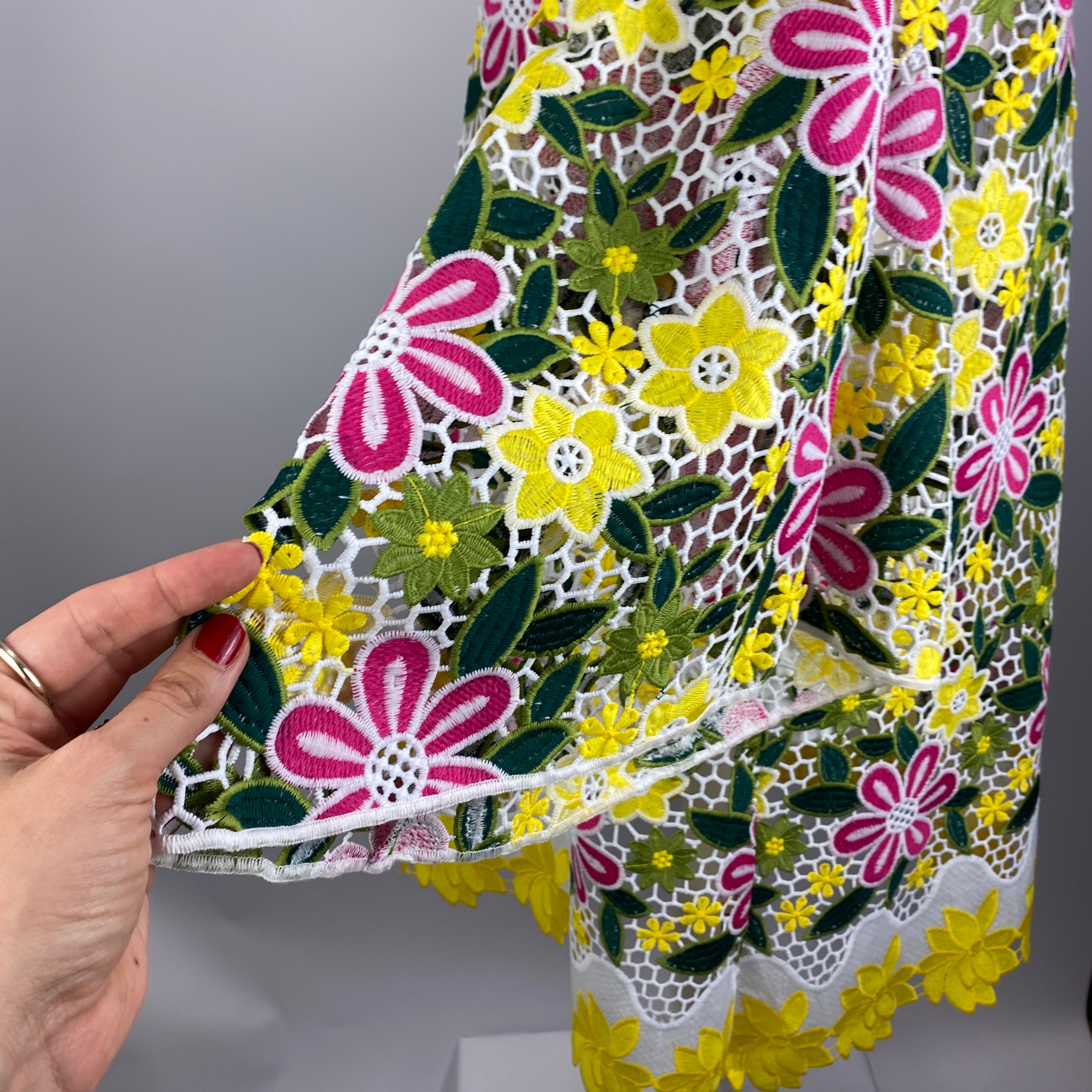 La Vie Style House New £655 Pink & Yellow Lace Maxi Caftan Dress O/S