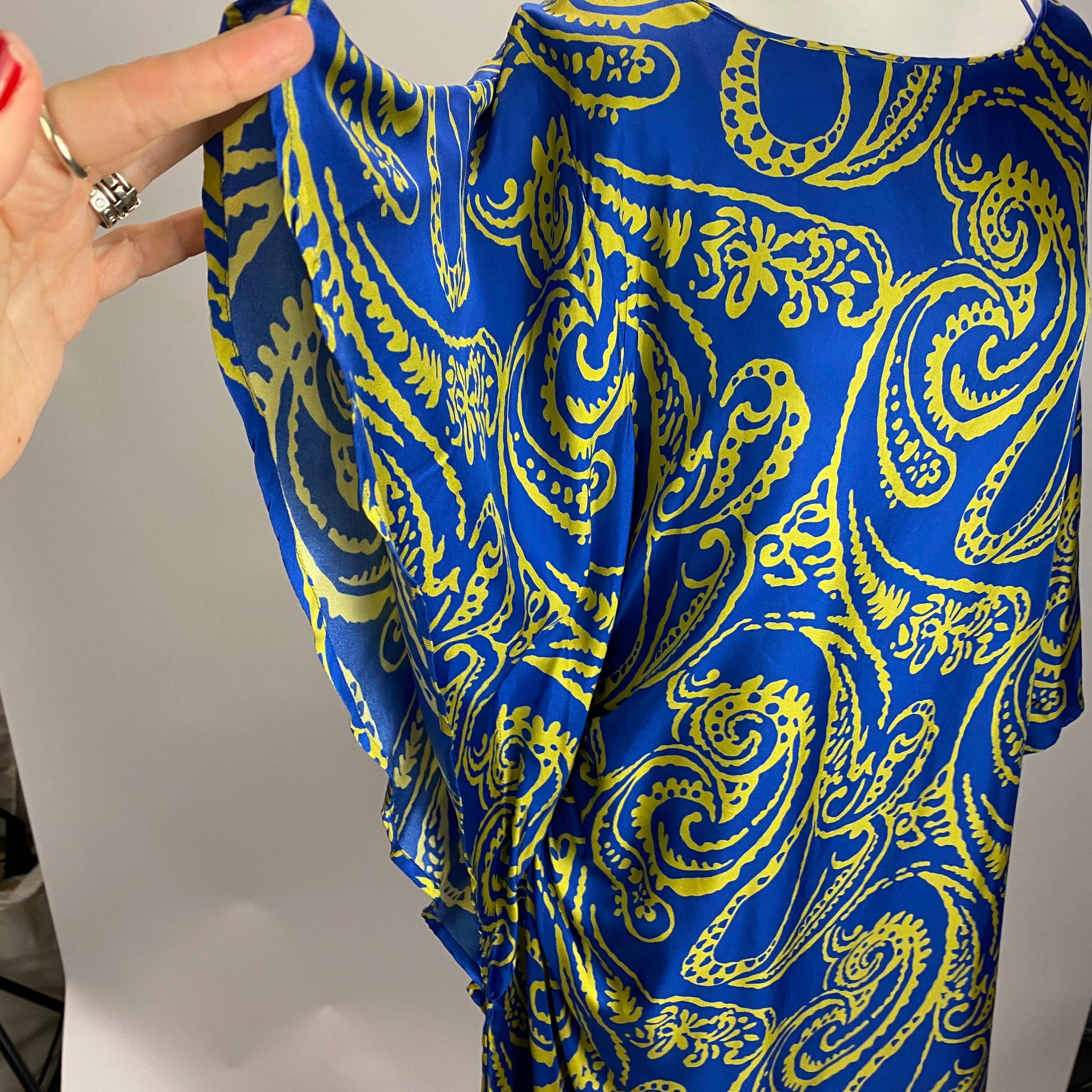 Marina Rinaldi Blue & Mustard Pasley Print Silk Midi Dress XL