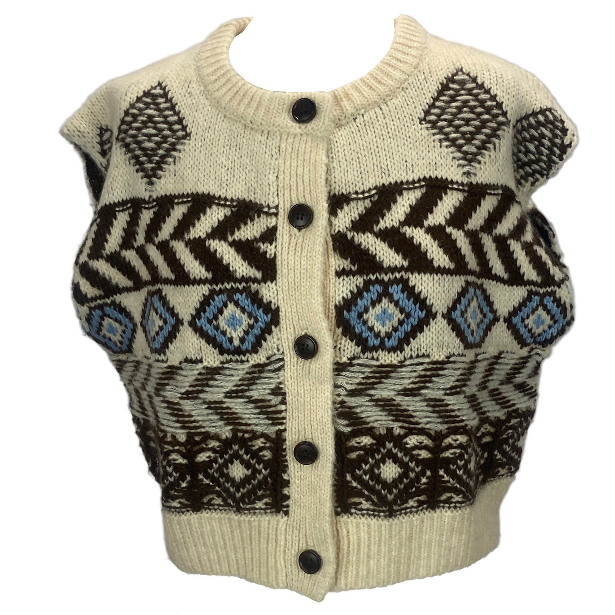 Le Jean New £192 Ecru & Brown Fairisle Knit Vest M/L/XL