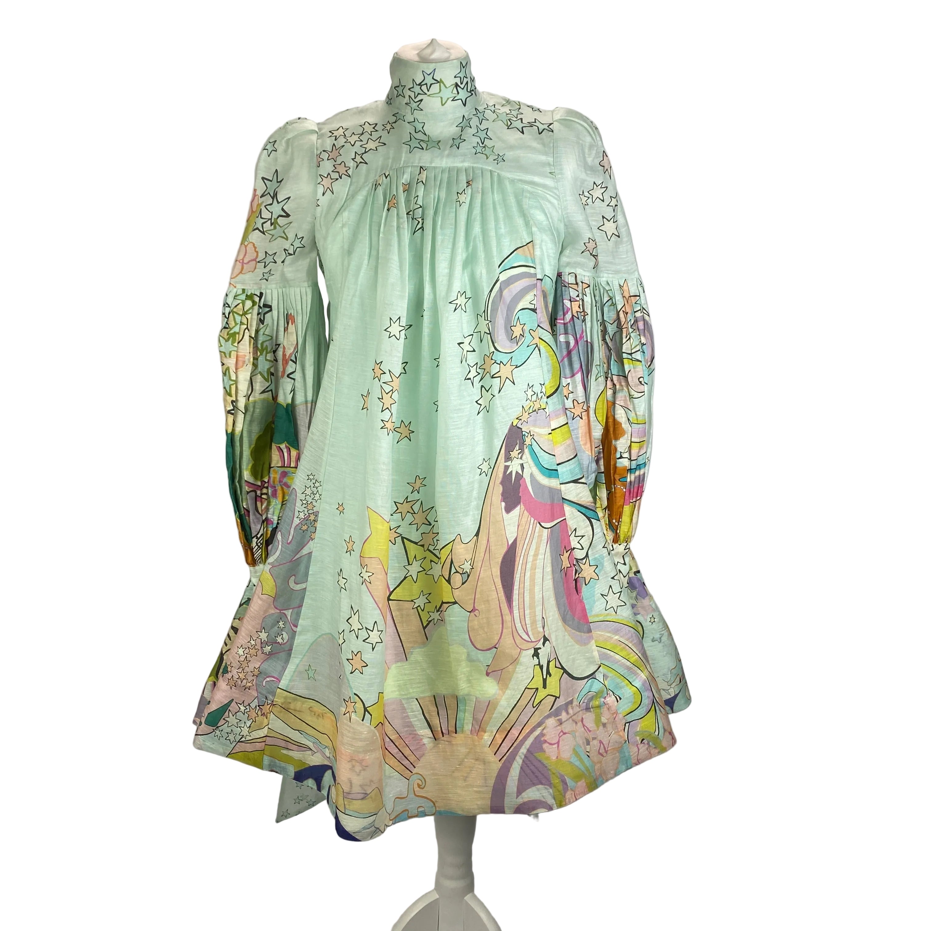 Zimmerman New Mint Linen Organza Print Midi Dress XS