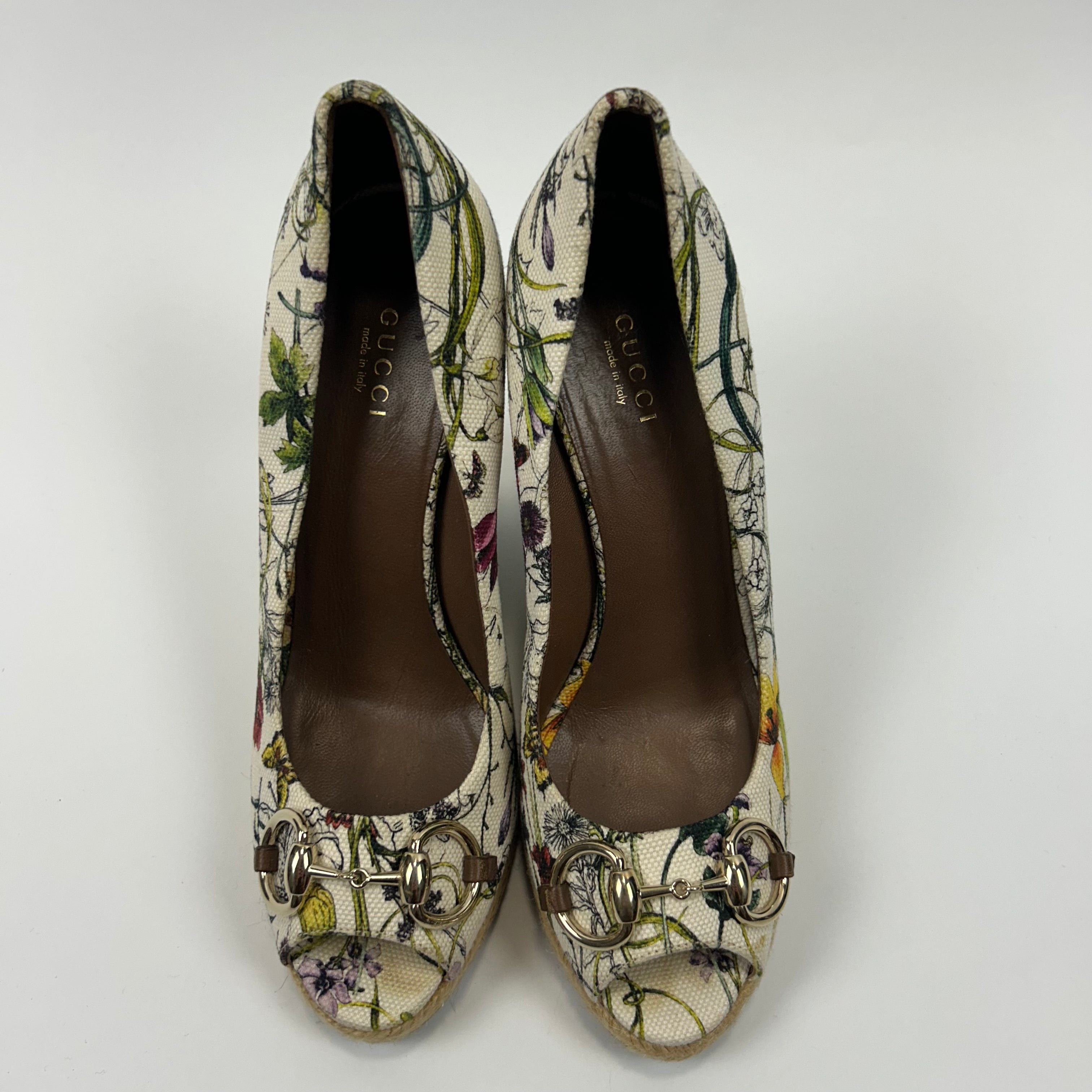 Gucci Canvas Floral Horesbit Open Toe Wedges 38