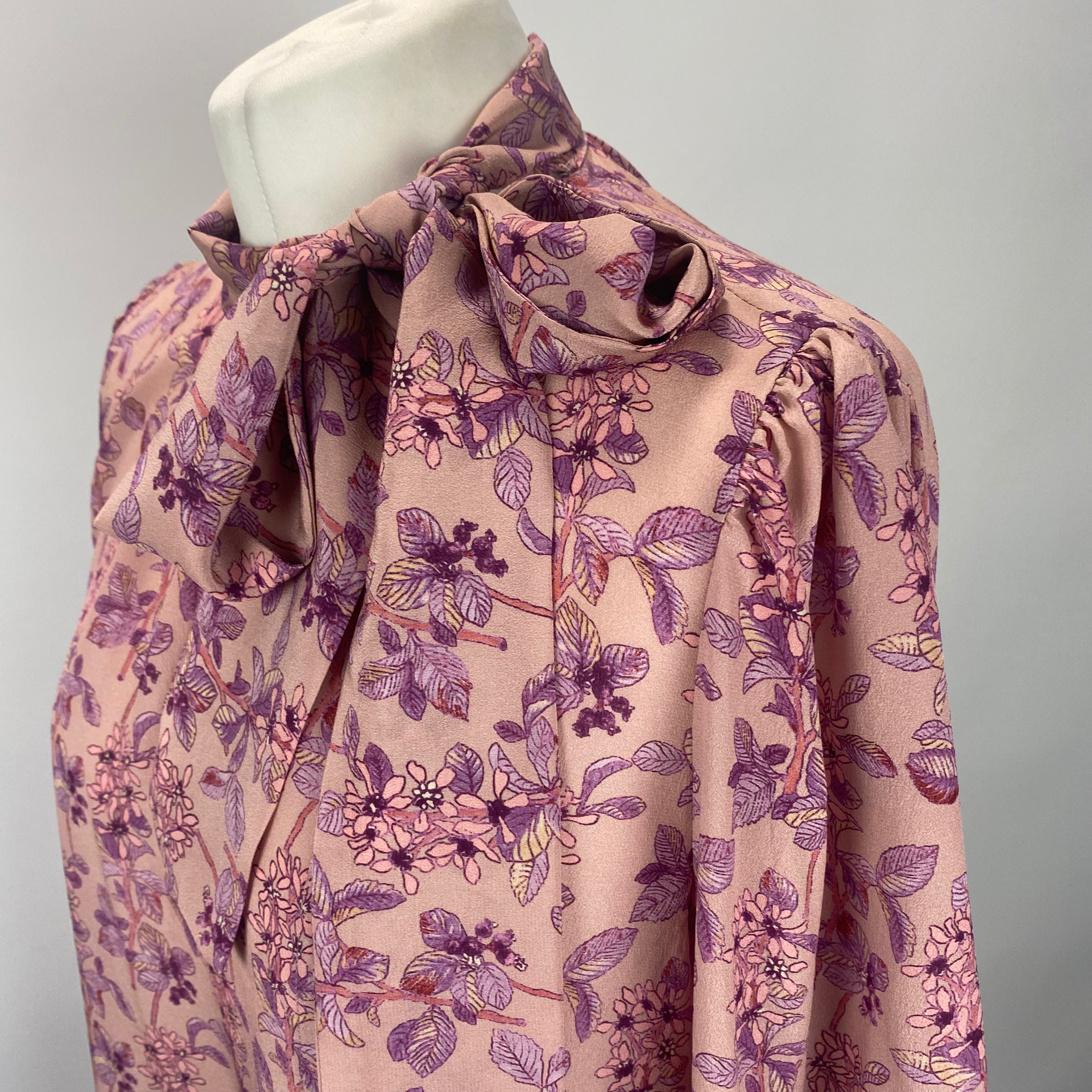 Weekend Max Max Mara Dusty Pink & Lilac Floral Silk Pussybow Blouse M