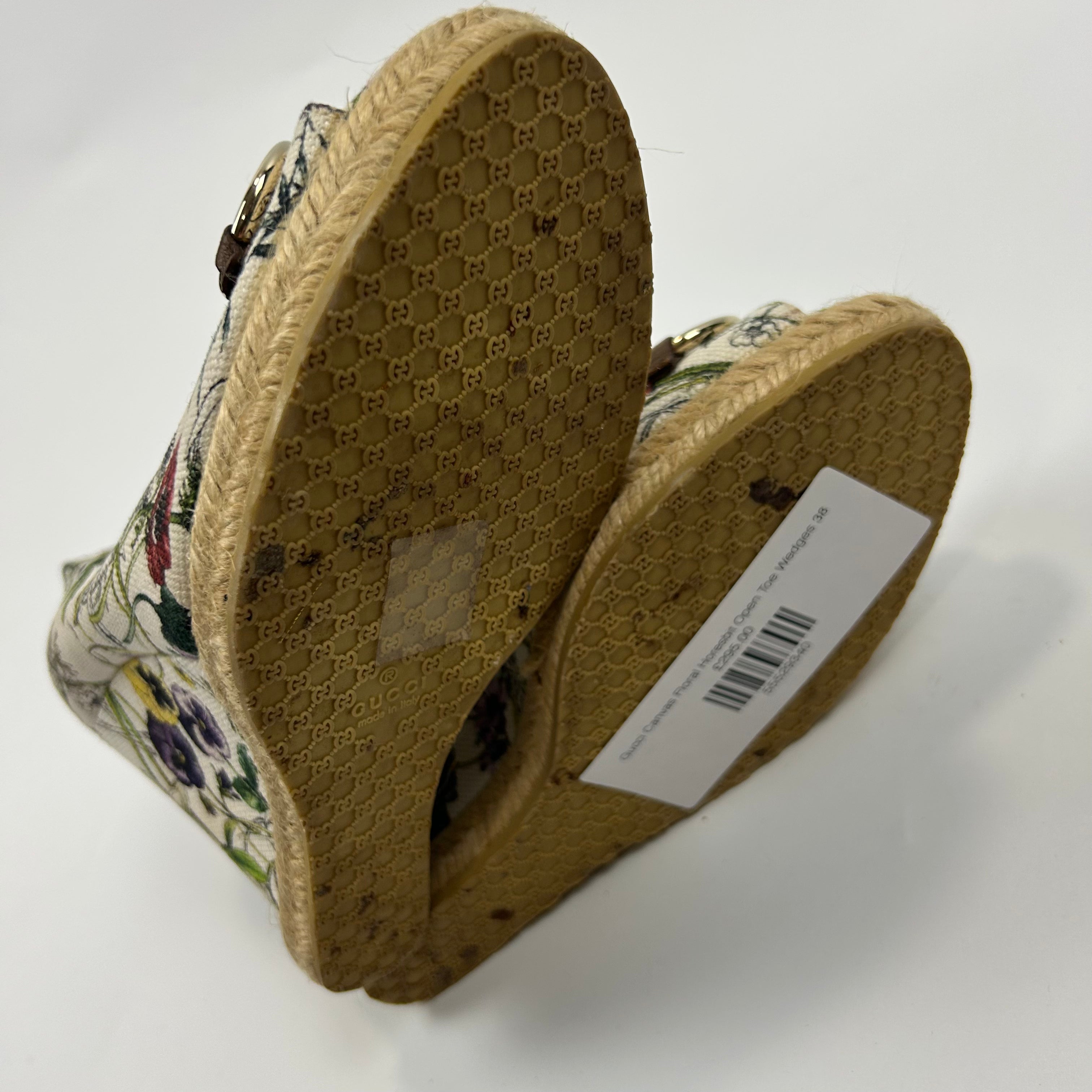 Gucci Canvas Floral Horesbit Open Toe Wedges 38