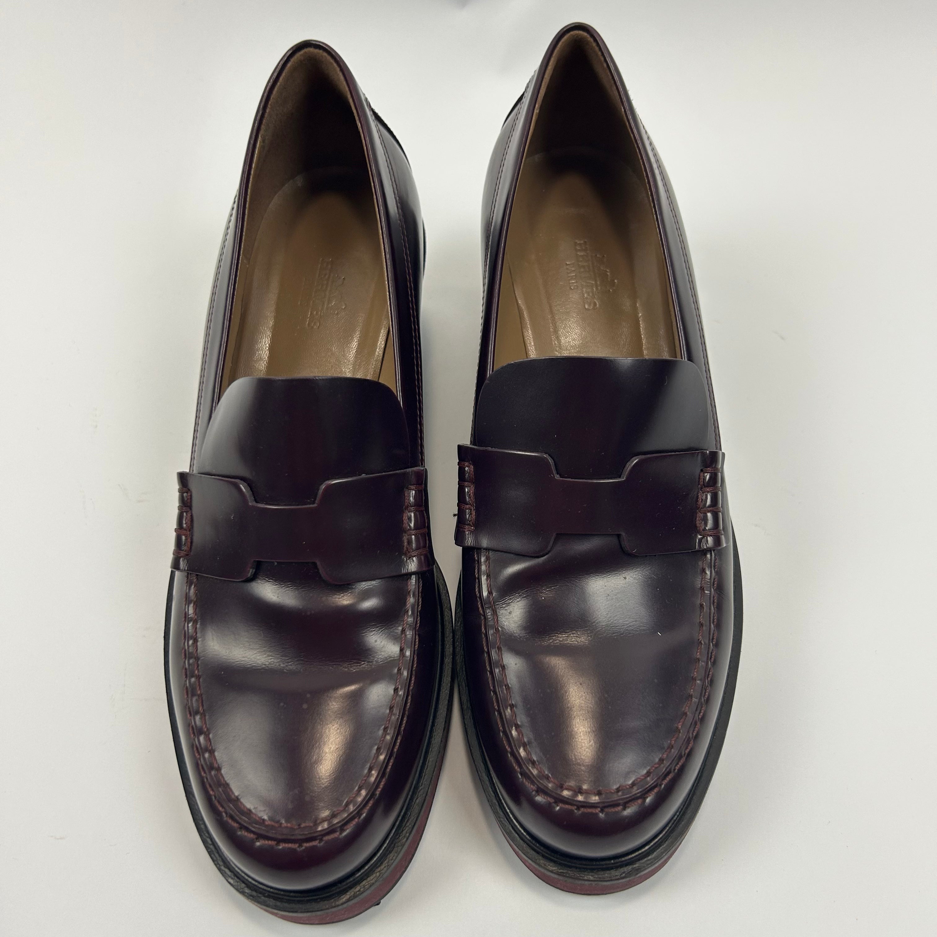 Hermes £820 Oxblood Leather Hour Block Heel Loafers 39