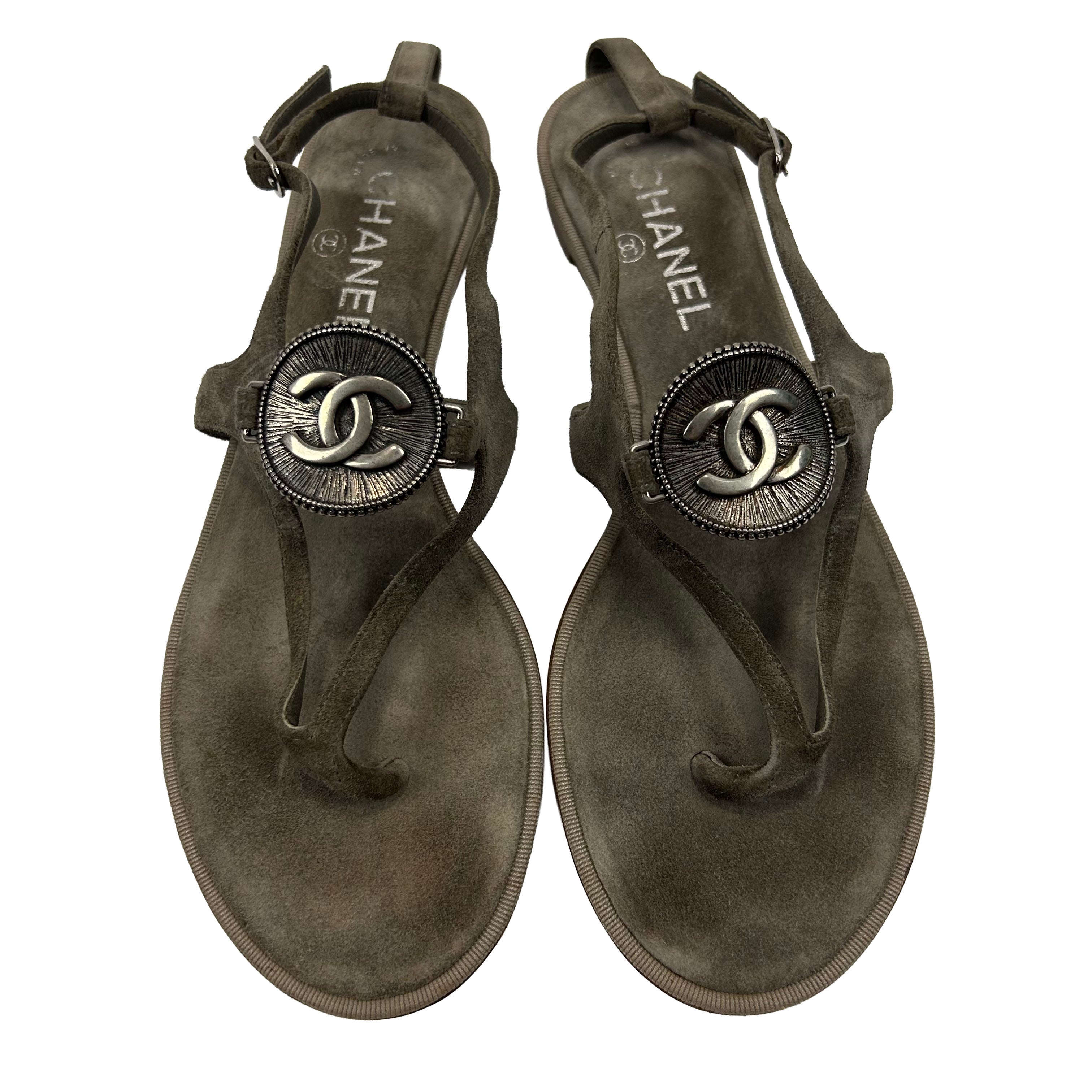 Chanel Dove Grey Suede Pewter Medallion Thong Sandals 40.5
