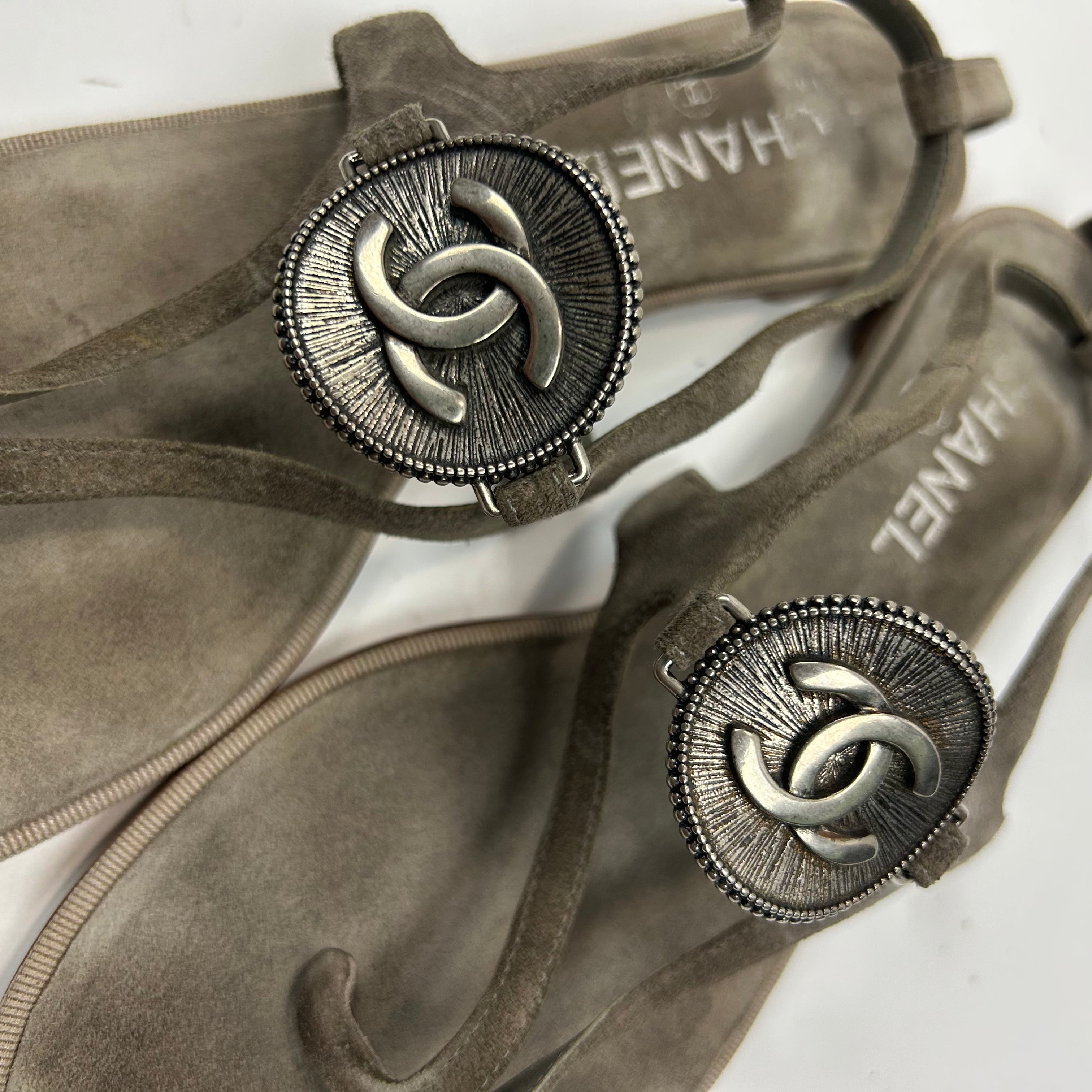 Chanel Dove Grey Suede Pewter Medallion Thong Sandals 40.5