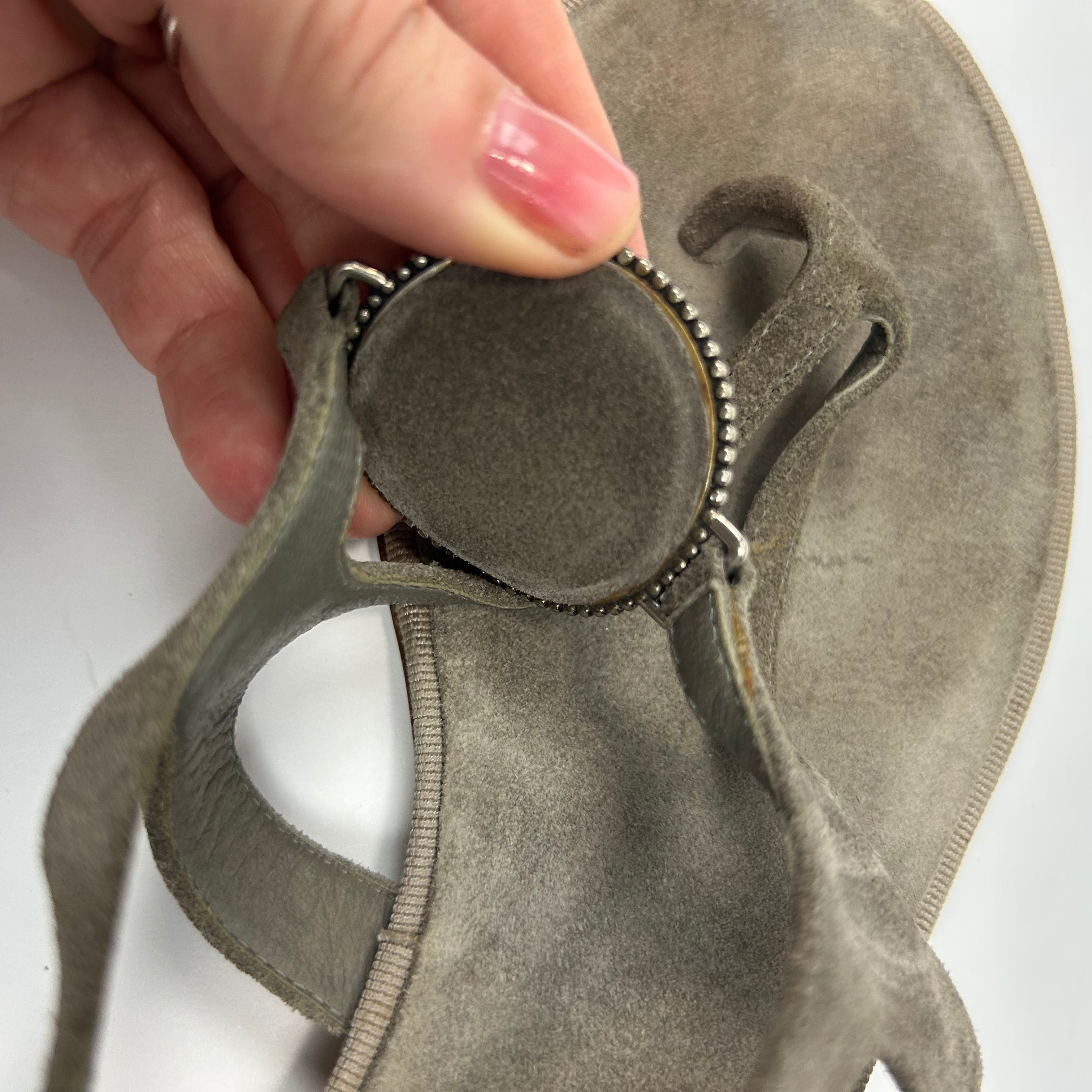 Chanel Dove Grey Suede Pewter Medallion Thong Sandals 40.5