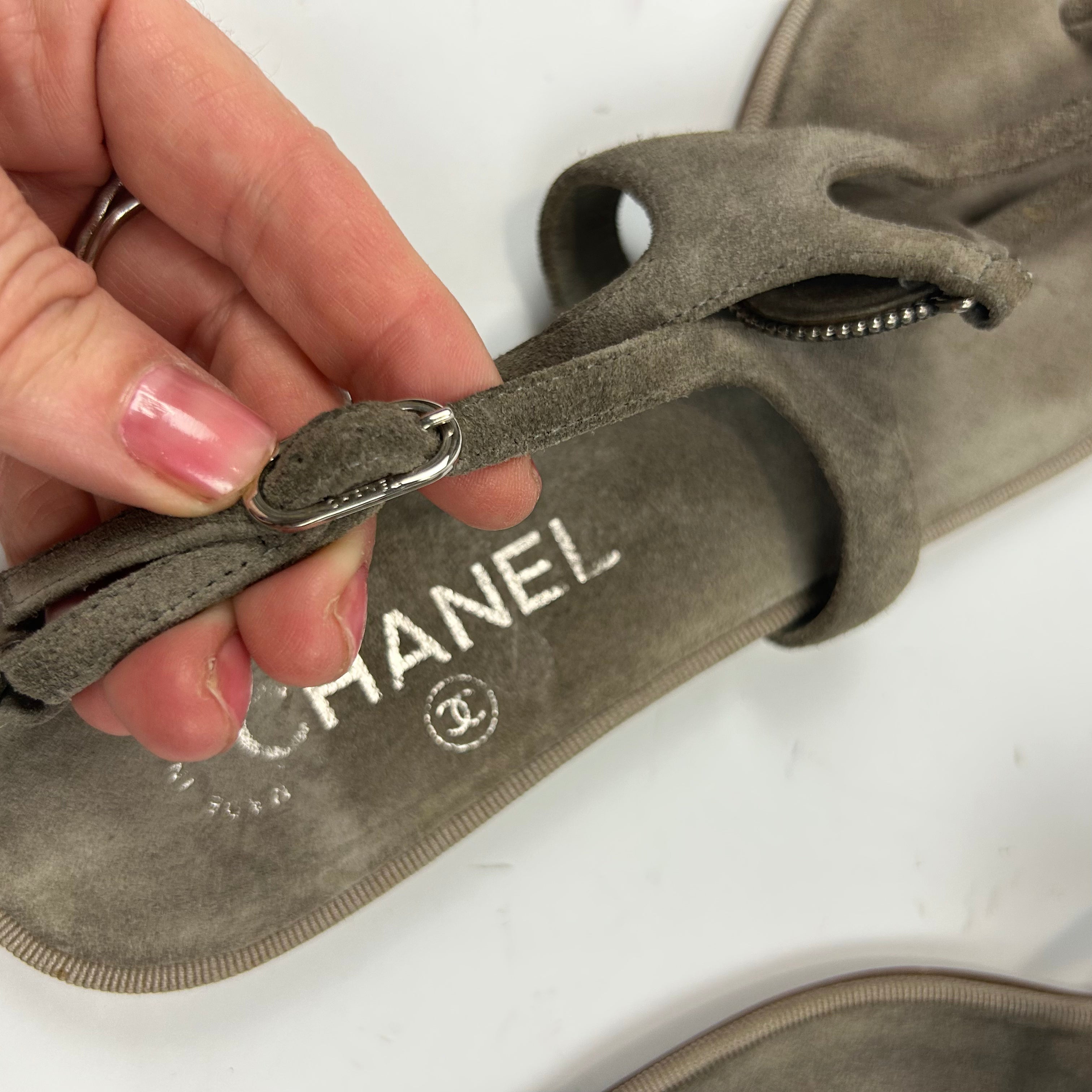 Chanel Dove Grey Suede Pewter Medallion Thong Sandals 40.5