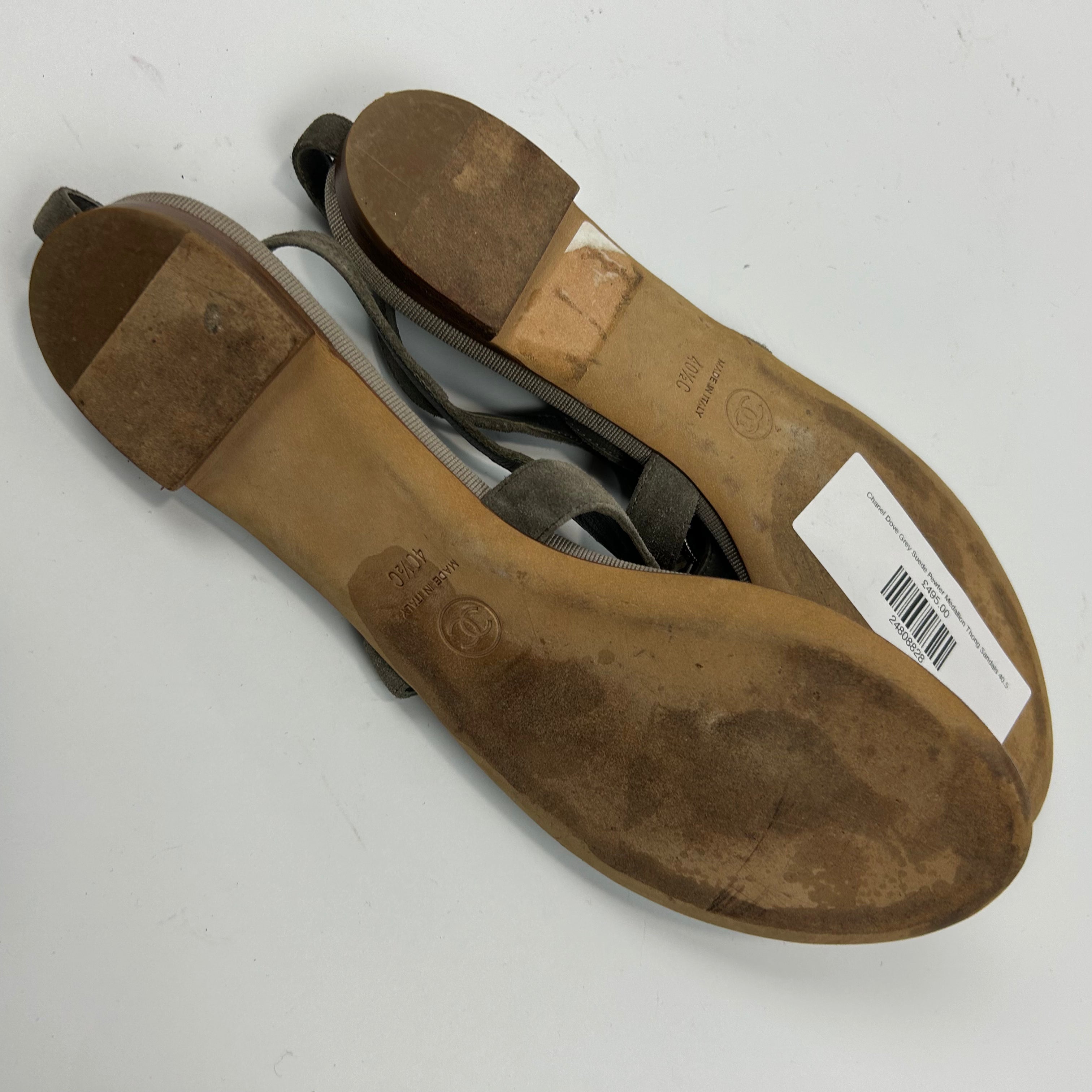 Chanel Dove Grey Suede Pewter Medallion Thong Sandals 40.5