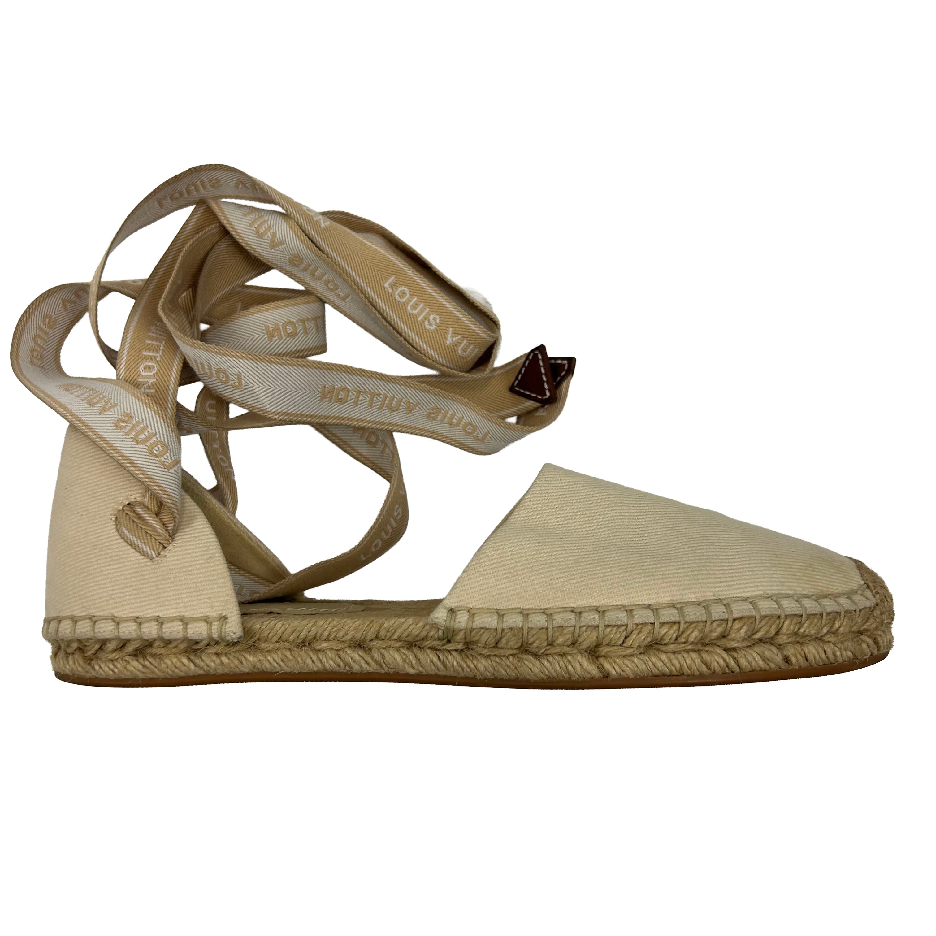 Louis Vuitton Cream Cotton Ankle Tie Espadrille Flats 37