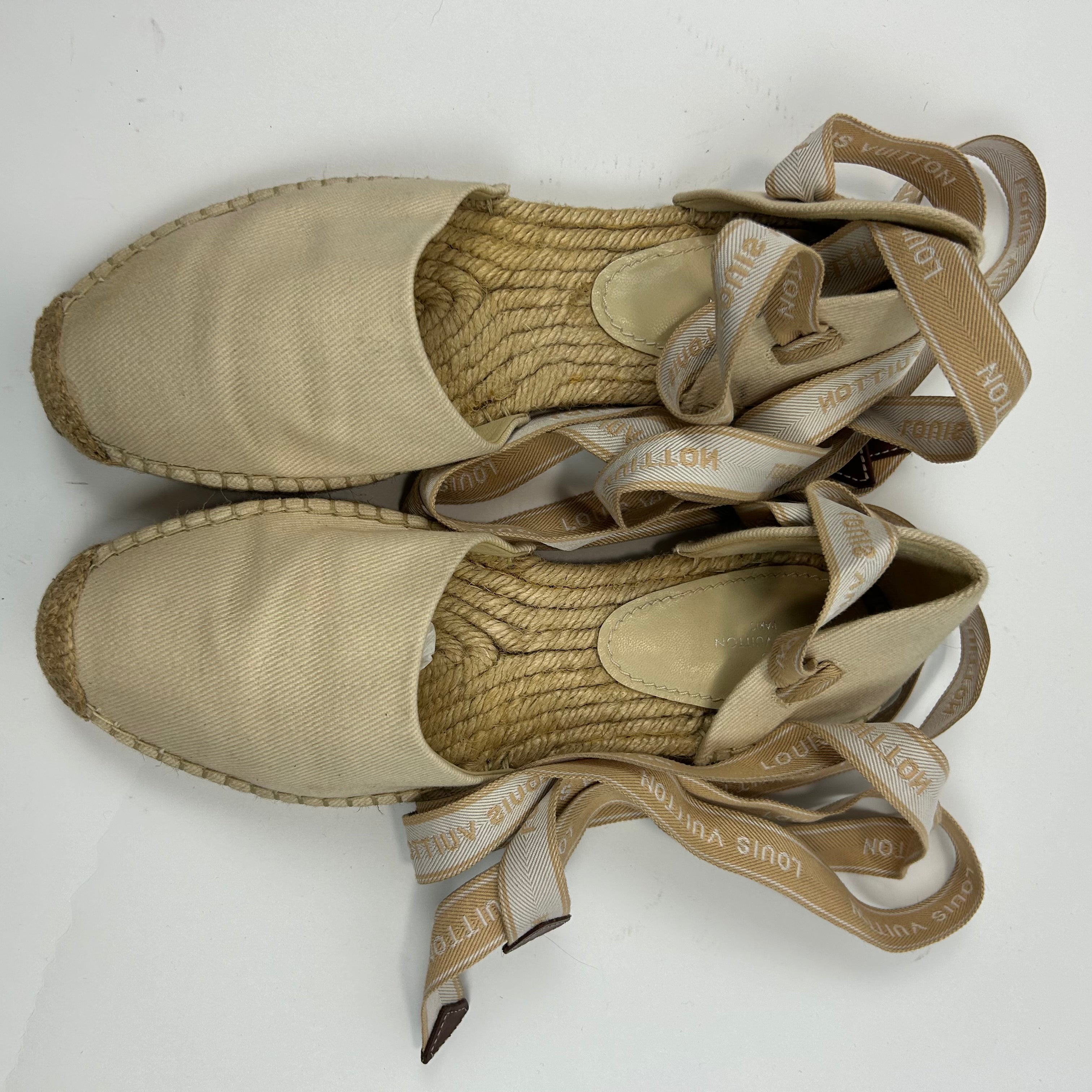 Louis Vuitton Cream Cotton Ankle Tie Espadrille Flats 37