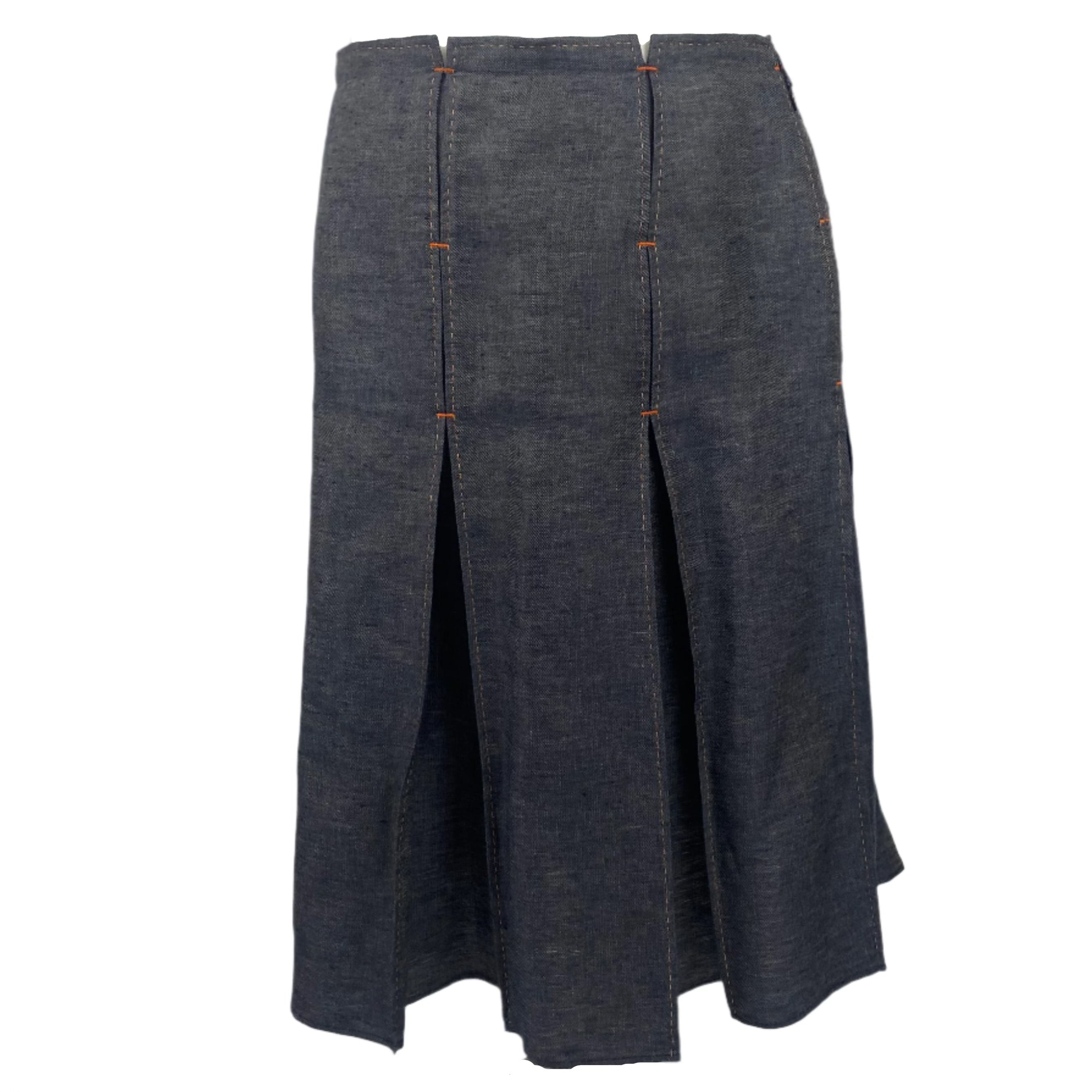 Hermes Indigo Linen Pleat Midi Skirt XL