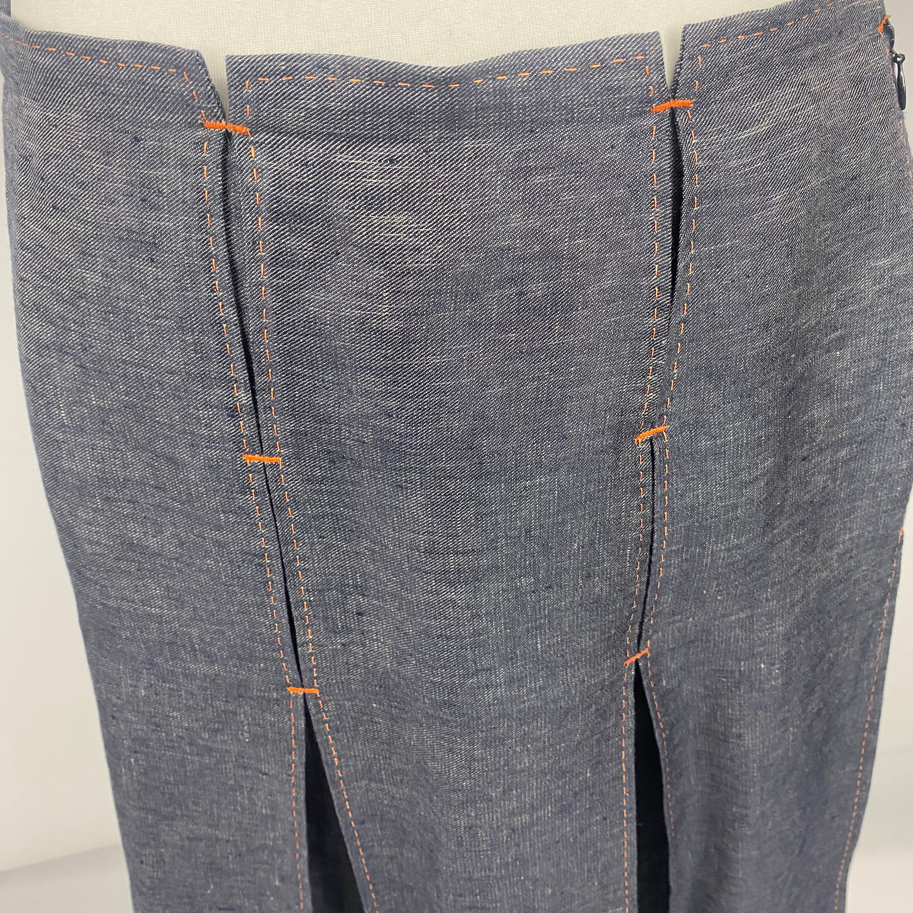 Hermes Indigo Linen Pleat Midi Skirt XL