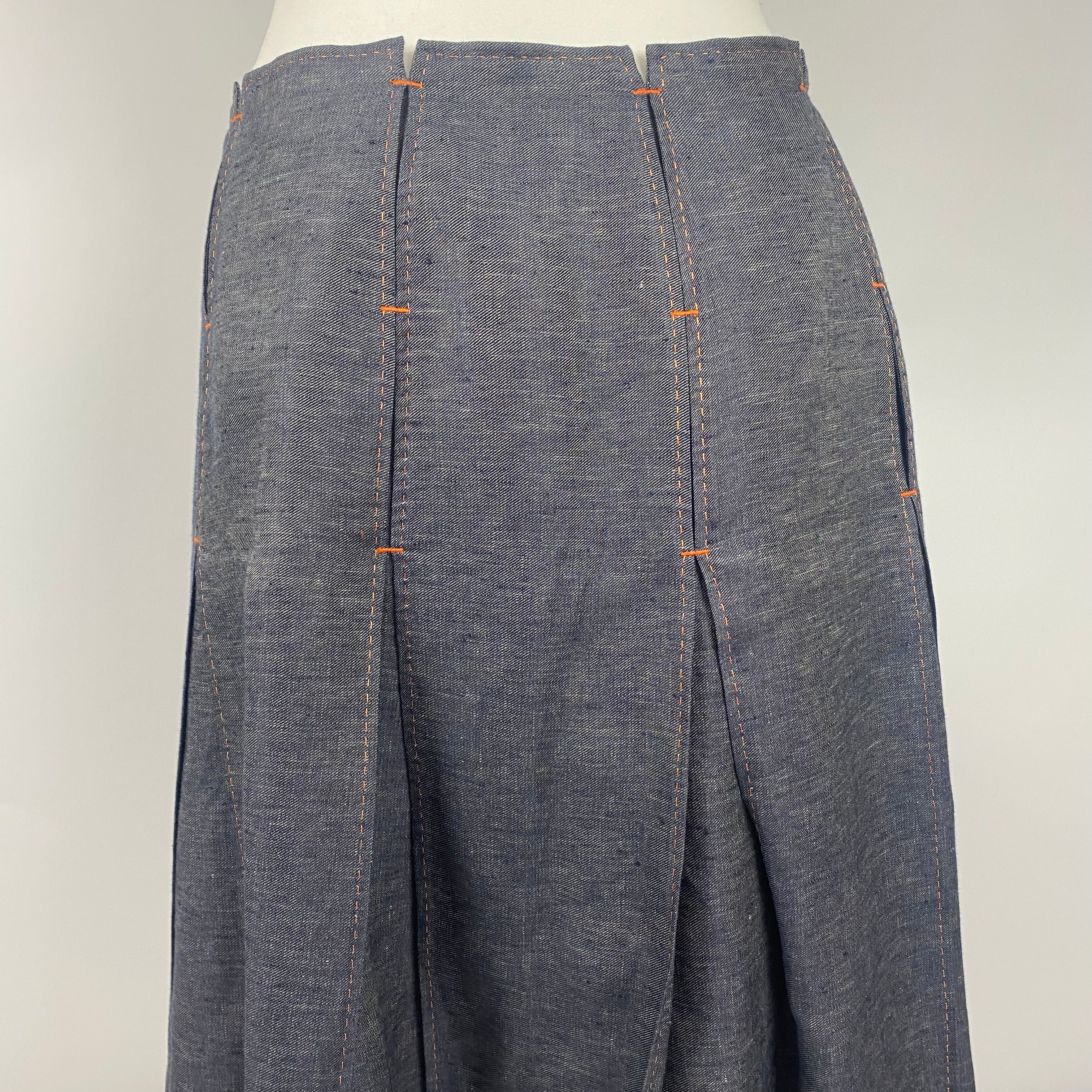 Hermes Indigo Linen Pleat Midi Skirt XL