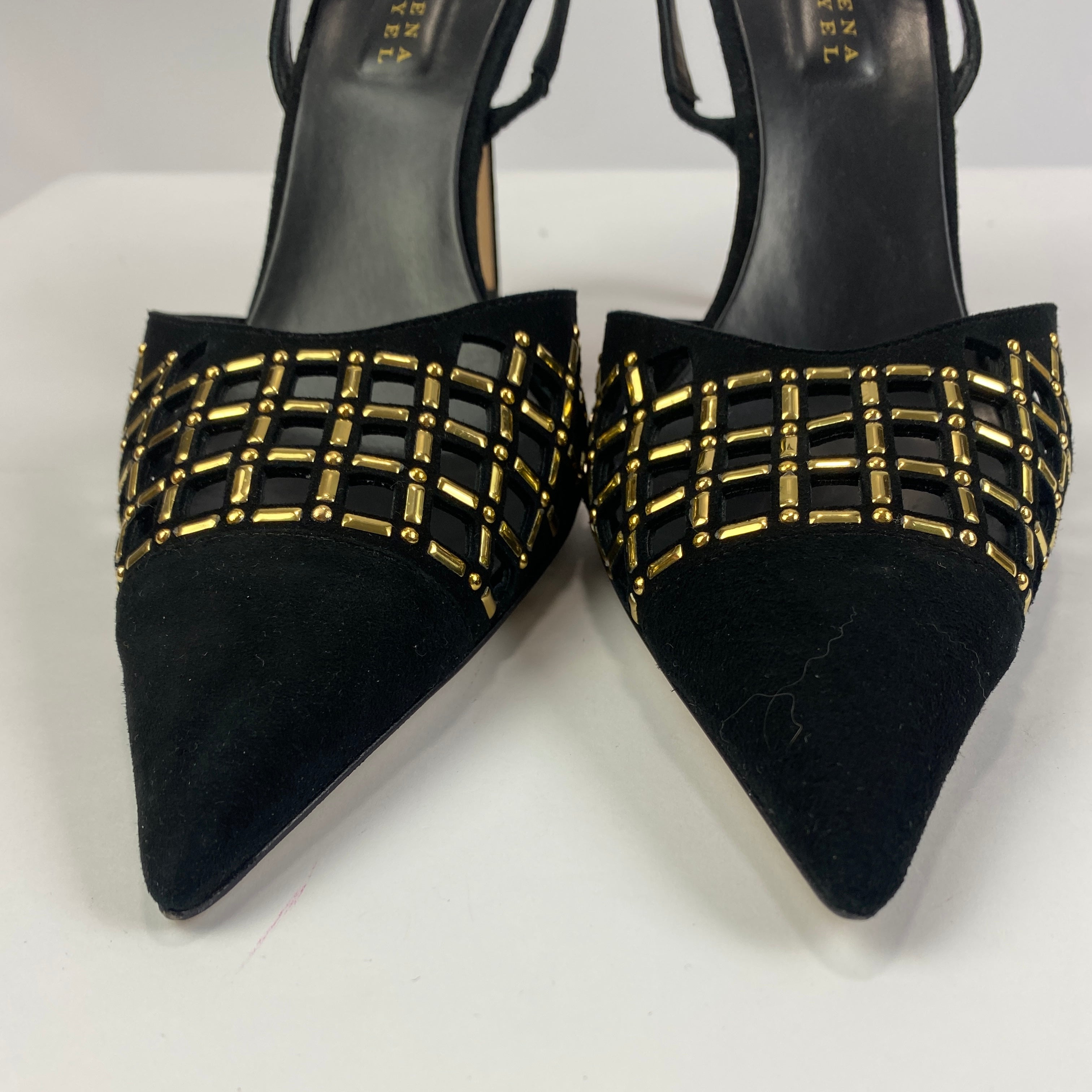 Serena Uziyel New £497 Black Suede & Gold Slingback Heels 40